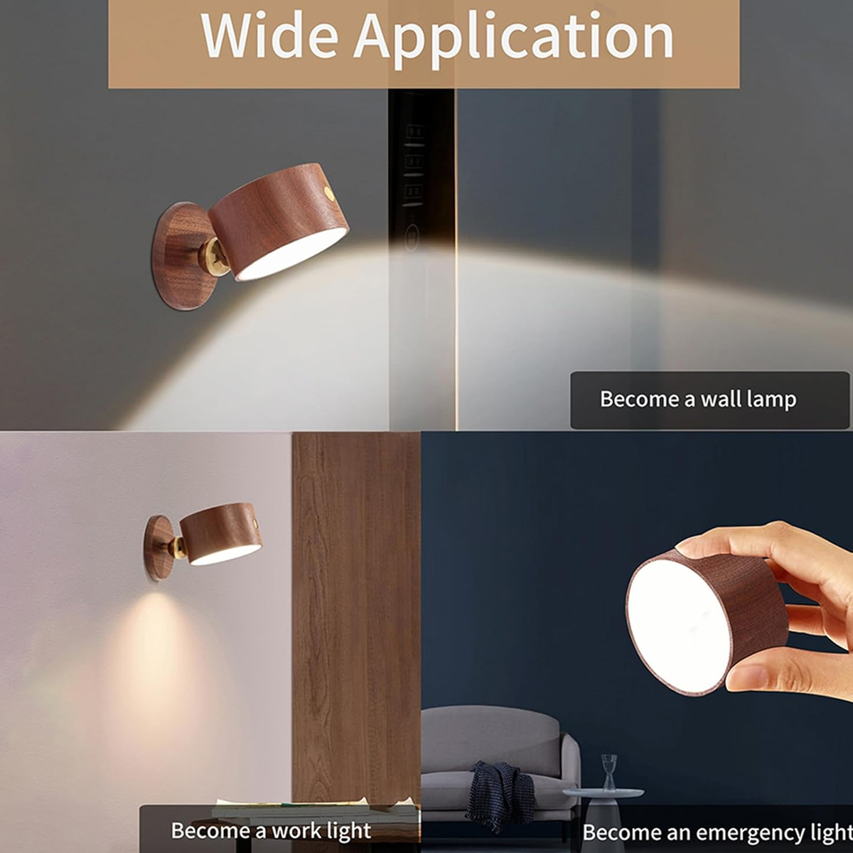 Das Bild zeigt eine Holzlampe in verschiedenen Umgebungen: Wandlampe, Arbeitslicht und Notlicht. Dunkle und helle Hintergründe werden gezeigt.