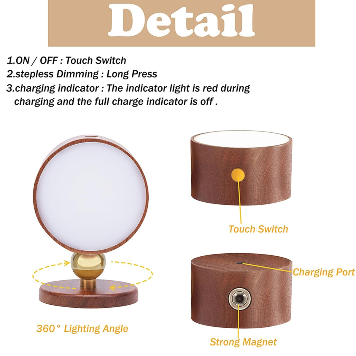 Holzlampe mit Details. Merkmale sind ein Touch-Schalter, stufenloses Dimmen und Ladeanzeige. Sie hat einen 360°-Beleuchtungswinkel und einen starken Magneten.