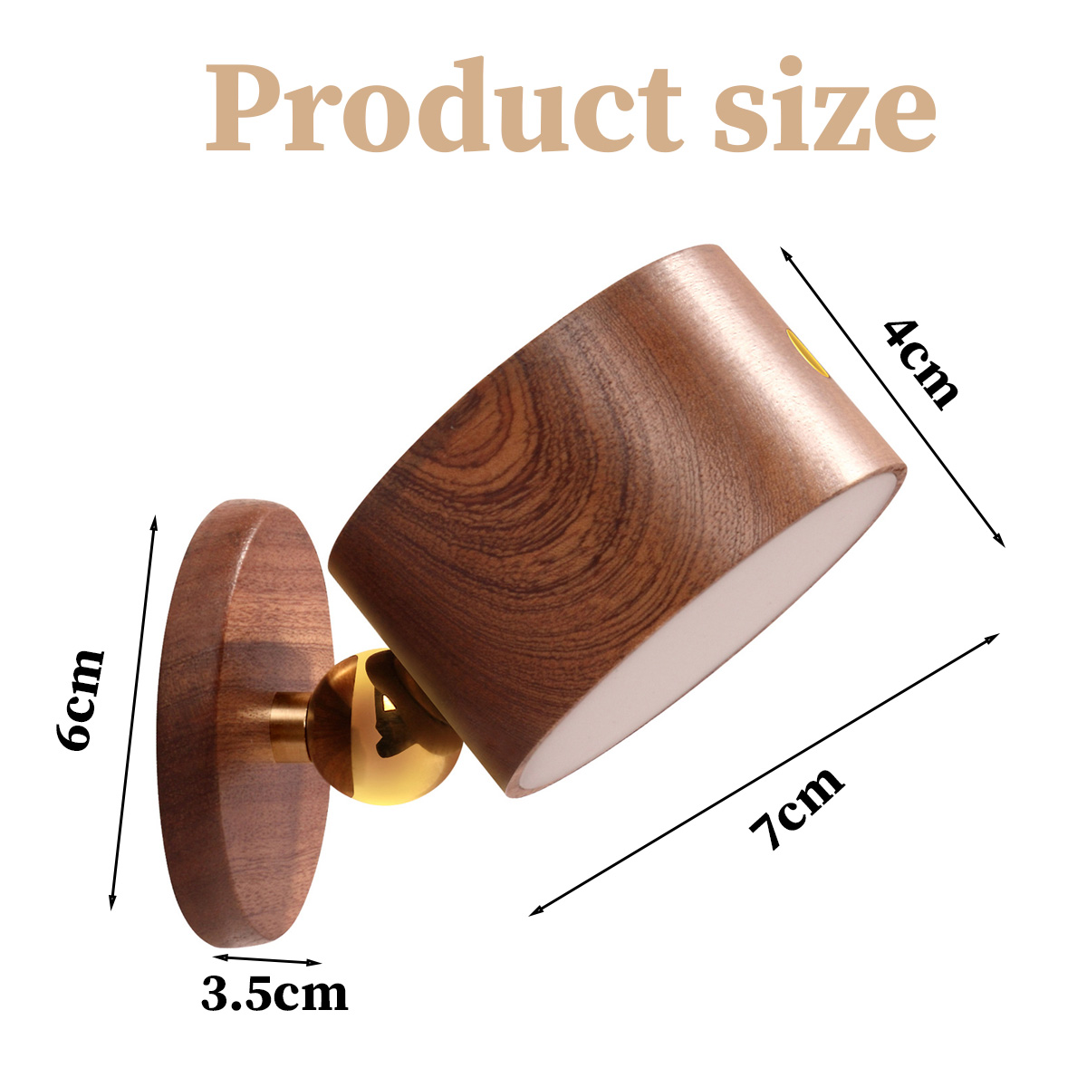Eine hölzerne Wandleuchte, Abmessungen: 6 cm, 7 cm, 4 cm und 3,5 cm. Der Text lautet 'Produktgröße'.