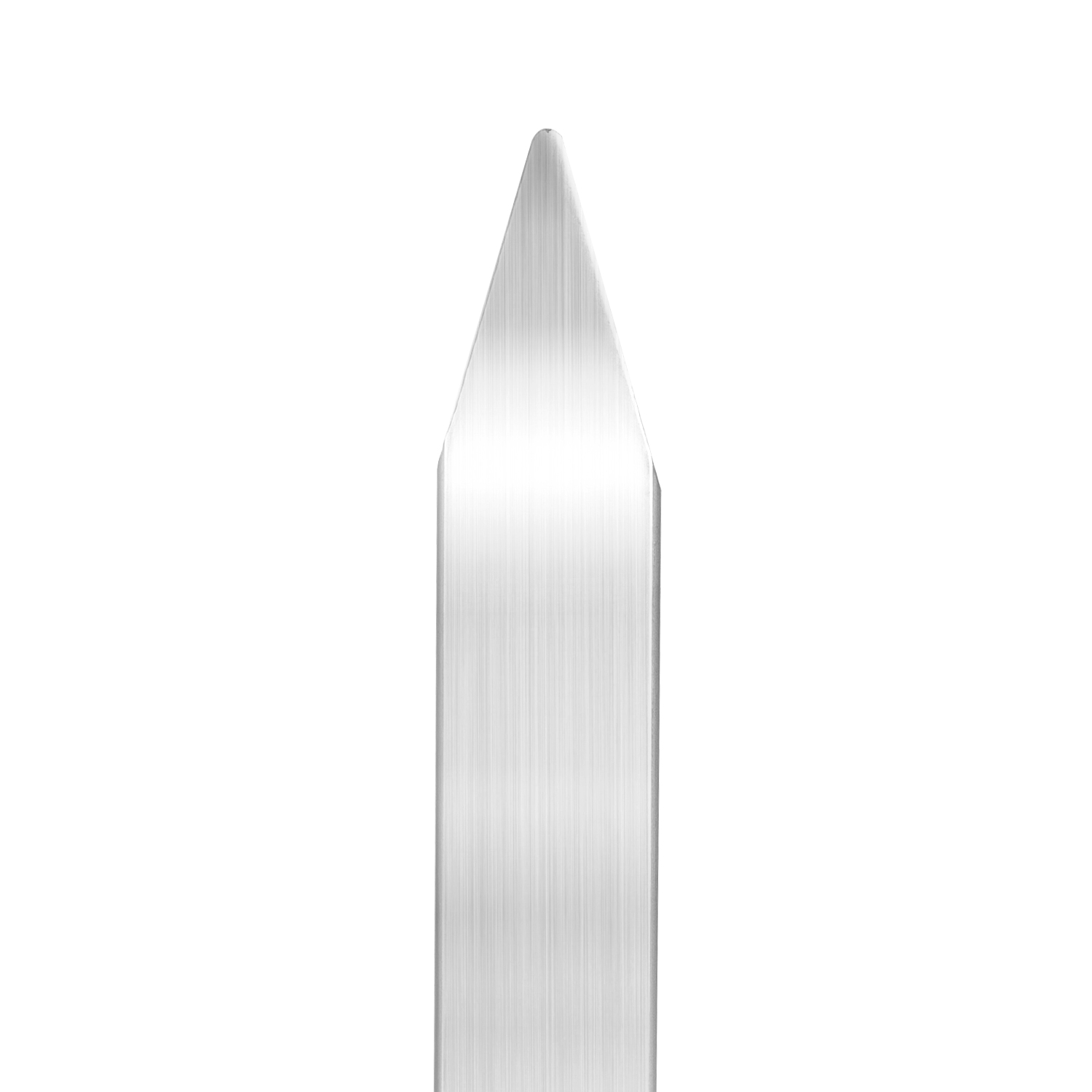 Nahaufnahme eines silbernen Metallobjekts mit dreieckiger Spitze und rechteckigem Körper. Der Hintergrund ist weiß.