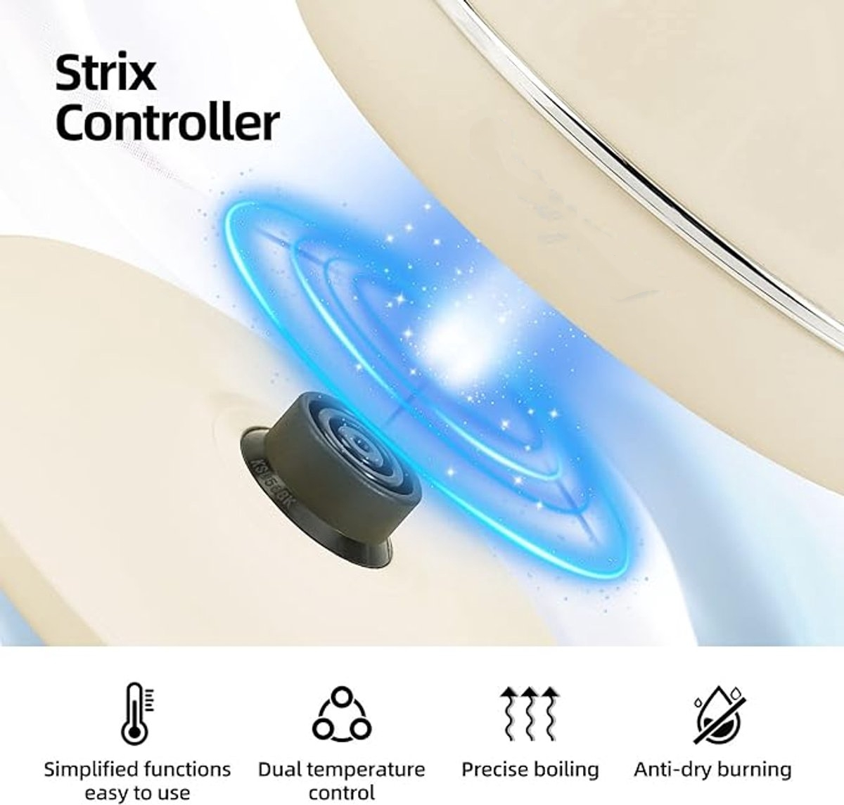 Nahaufnahme eines Strix-Controllers mit blauem Leuchten. Merkmale: vereinfachte Funktionen, duale Temperaturregelung, präzises Kochen, Trockengehschutz.