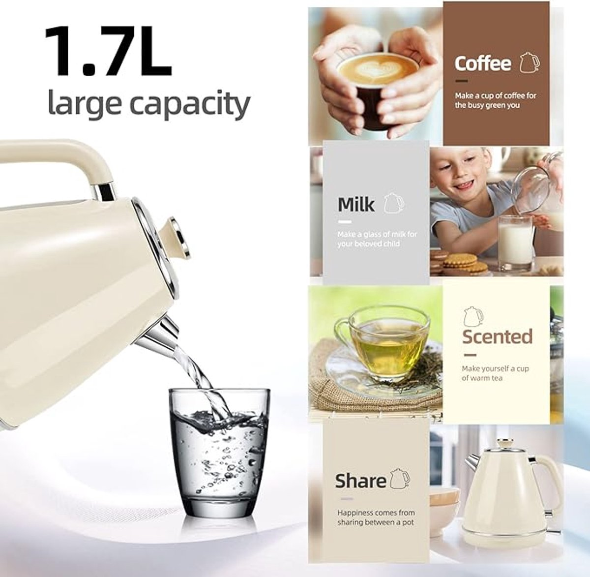 Ein cremefarbener Wasserkocher gießt Wasser in ein Glas. Bilder zeigen Kaffee, Milch, Tee und Text über Teilen und Kapazität.