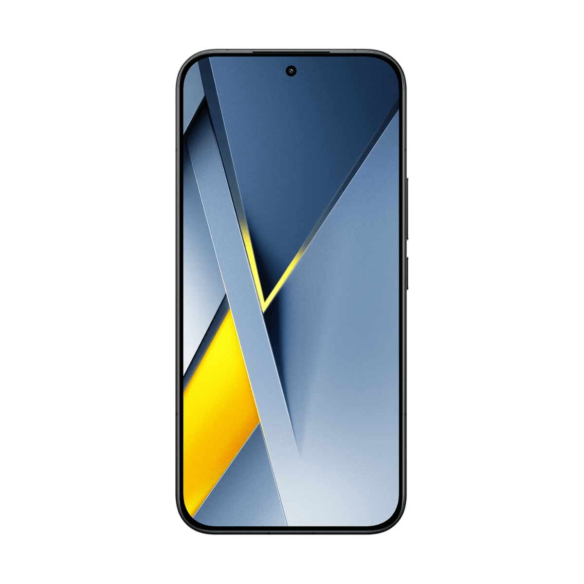 Czarny smartfon z ekranem, na którym widnieje abstrakcyjny wzór niebieskich, szarych i żółtych kształtów geometrycznych na białym tle.