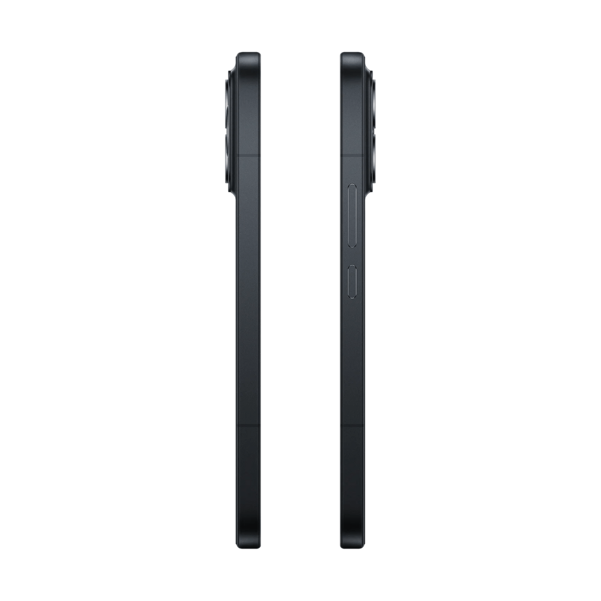 Dwa czarne smartfony pokazano obok siebie, prezentując ich profile boczne. Jeden ma przyciski, drugi nie.