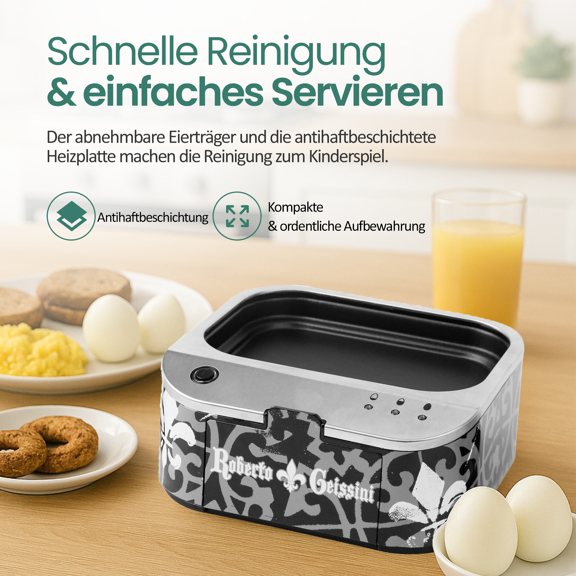 Ein Eierkocher mit Eiern, Toast und Saft. Auf dem Kessel steht Roberto Geissini.