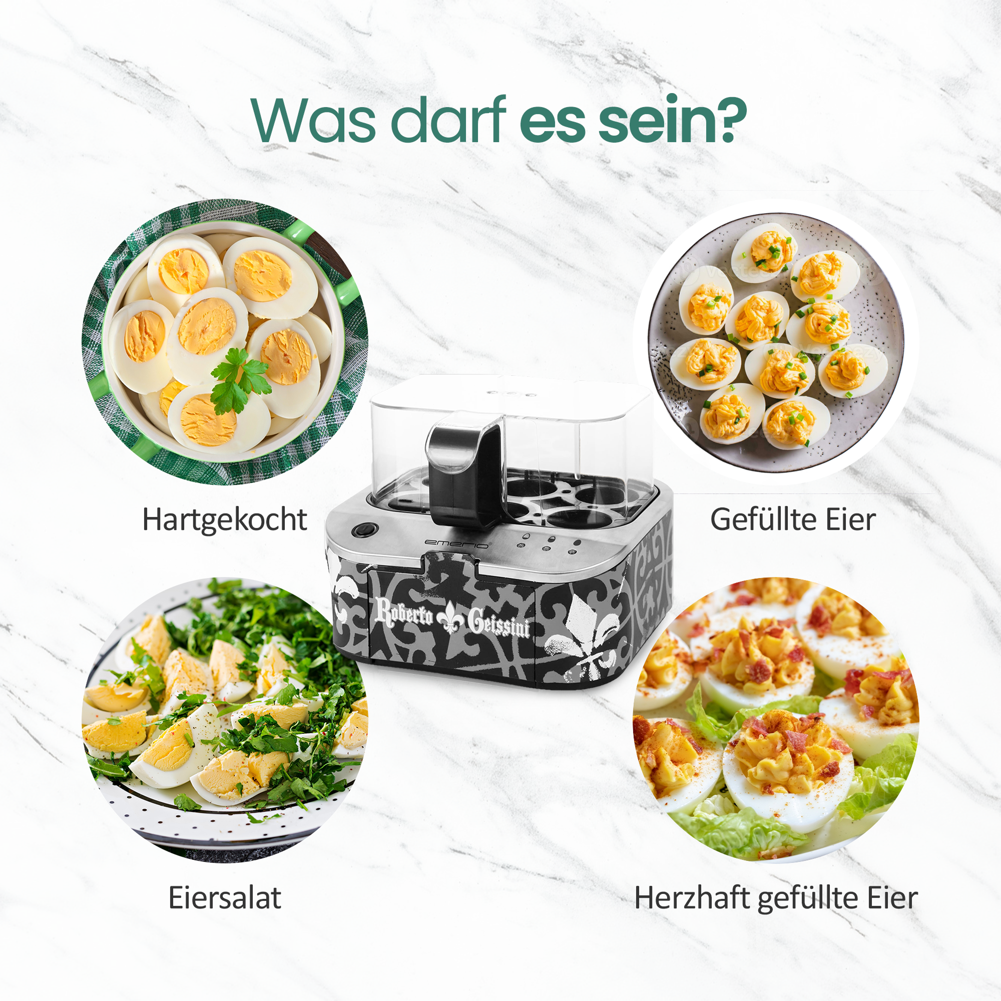 Ein Eierkocher mit vier Bildern von Eierspeisen: hartgekochte Eier, gefüllte Eier, Eiersalat und Speck-Deviled Eggs.