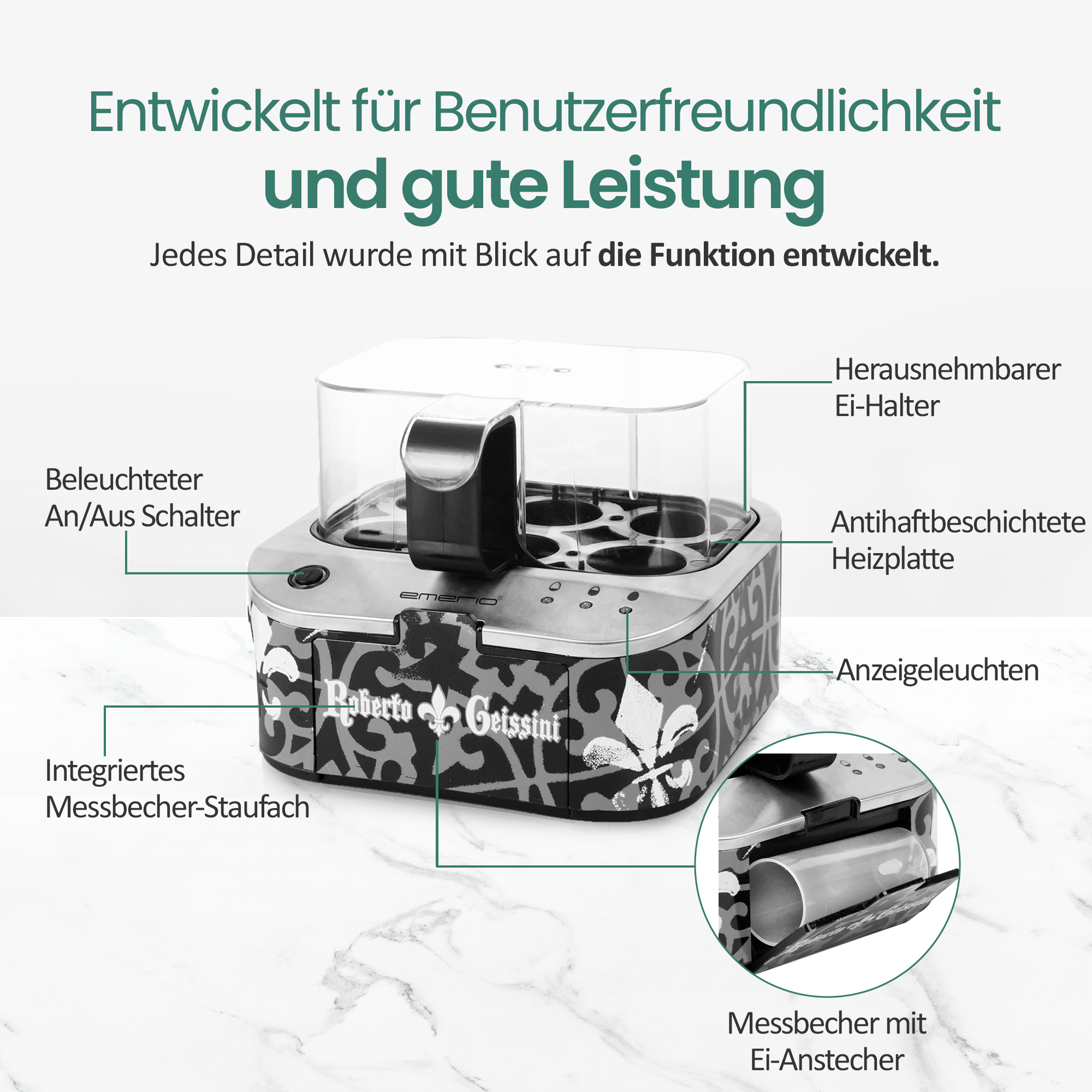 Ein Eierkocher mit transparentem Deckel und schwarzen Akzenten. Etiketten weisen auf Merkmale hin.