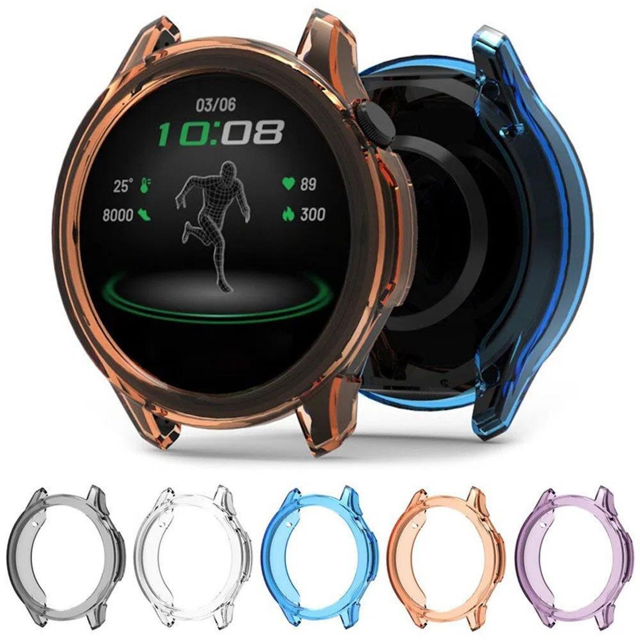 Smartwatch con custodia arancione, visualizzazione di ora e metriche di attività. Ulteriori custodie colorate sono mostrate sotto.
