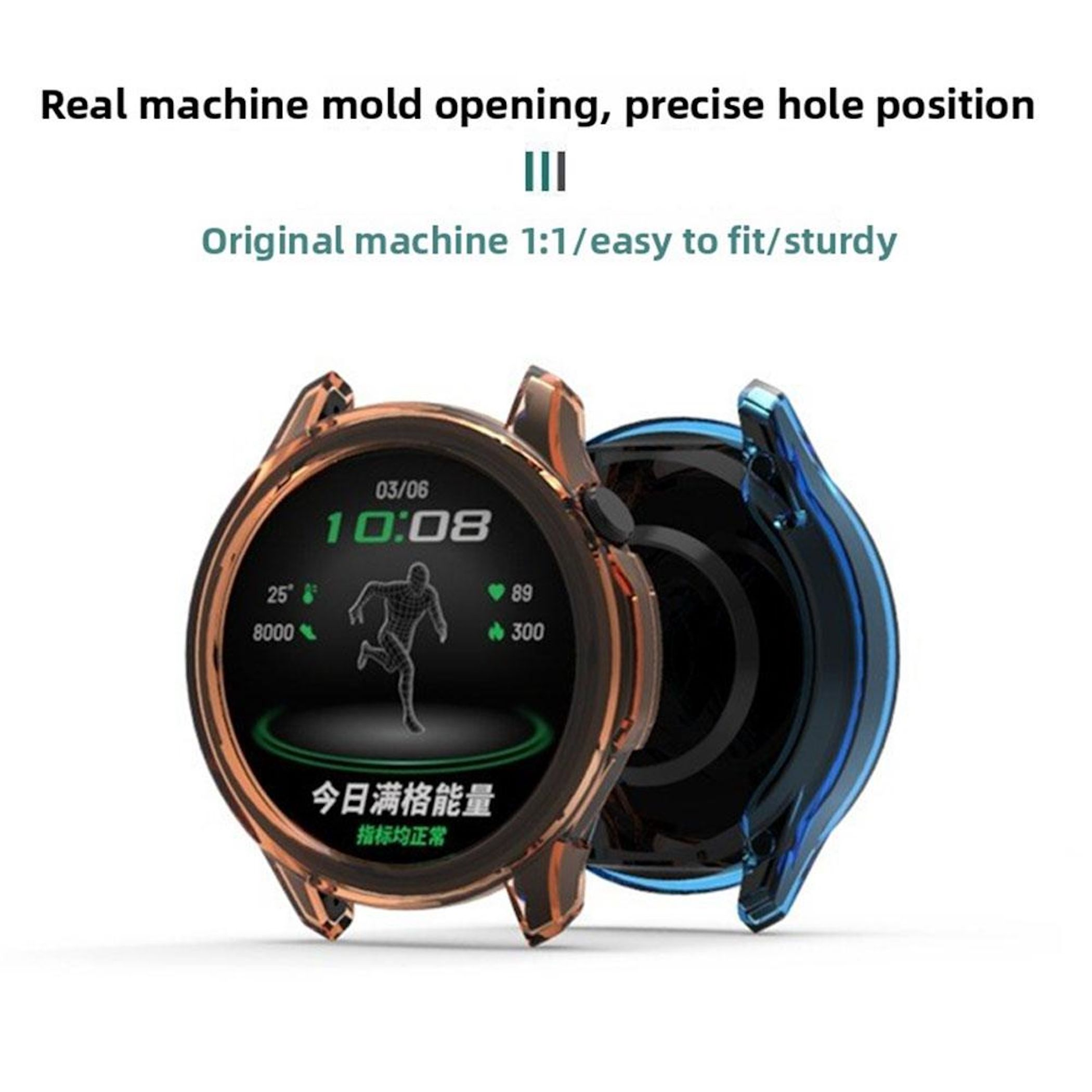 Un display di smartwatch mostra l'ora e le metriche sanitarie. Sono visibili un orologio nero e oro e uno blu scuro.