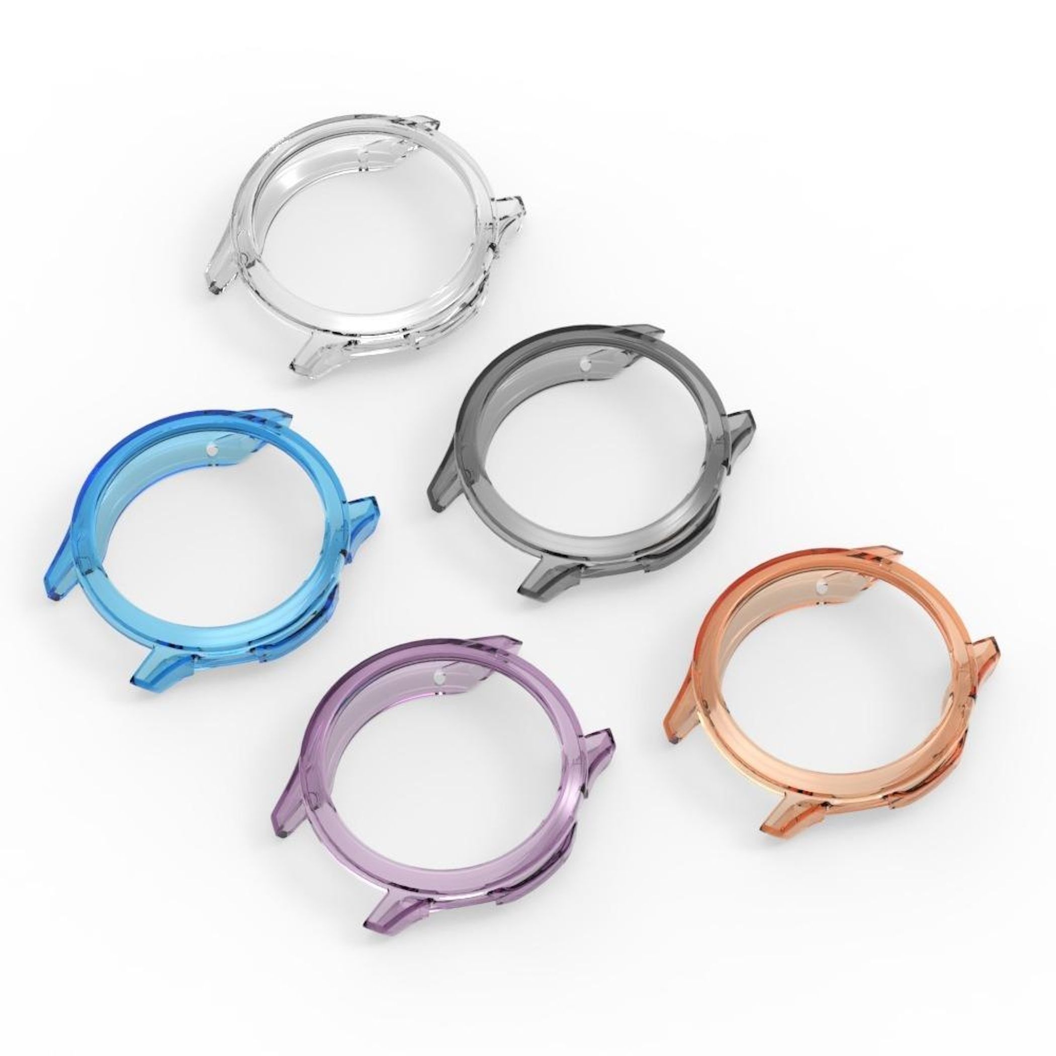 Cinque custodie trasparenti per orologi in vari colori: trasparente, blu, grigio, viola e arancione, disposte su sfondo bianco.