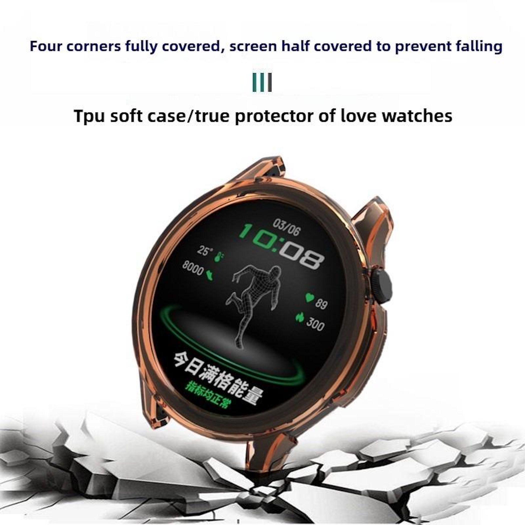 Uno smartwatch oro rosa mostra ora, data e statistiche di attività. Poggia su una superficie bianca crepata.
