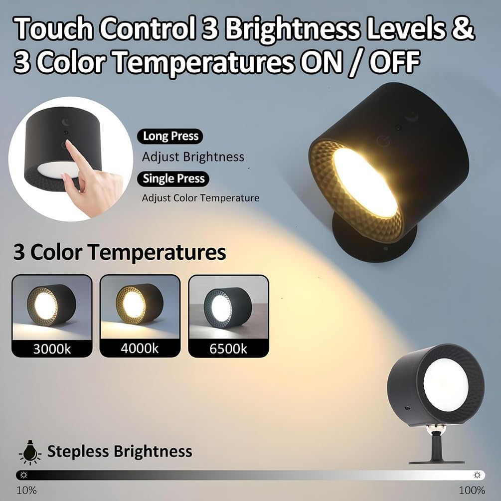 Das Bild zeigt eine schwarze LED-Lampe mit Touch-Steuerung, 3 Helligkeitsstufen und 3 Farbtemperaturen sowie stufenloser Helligkeitsregelung.