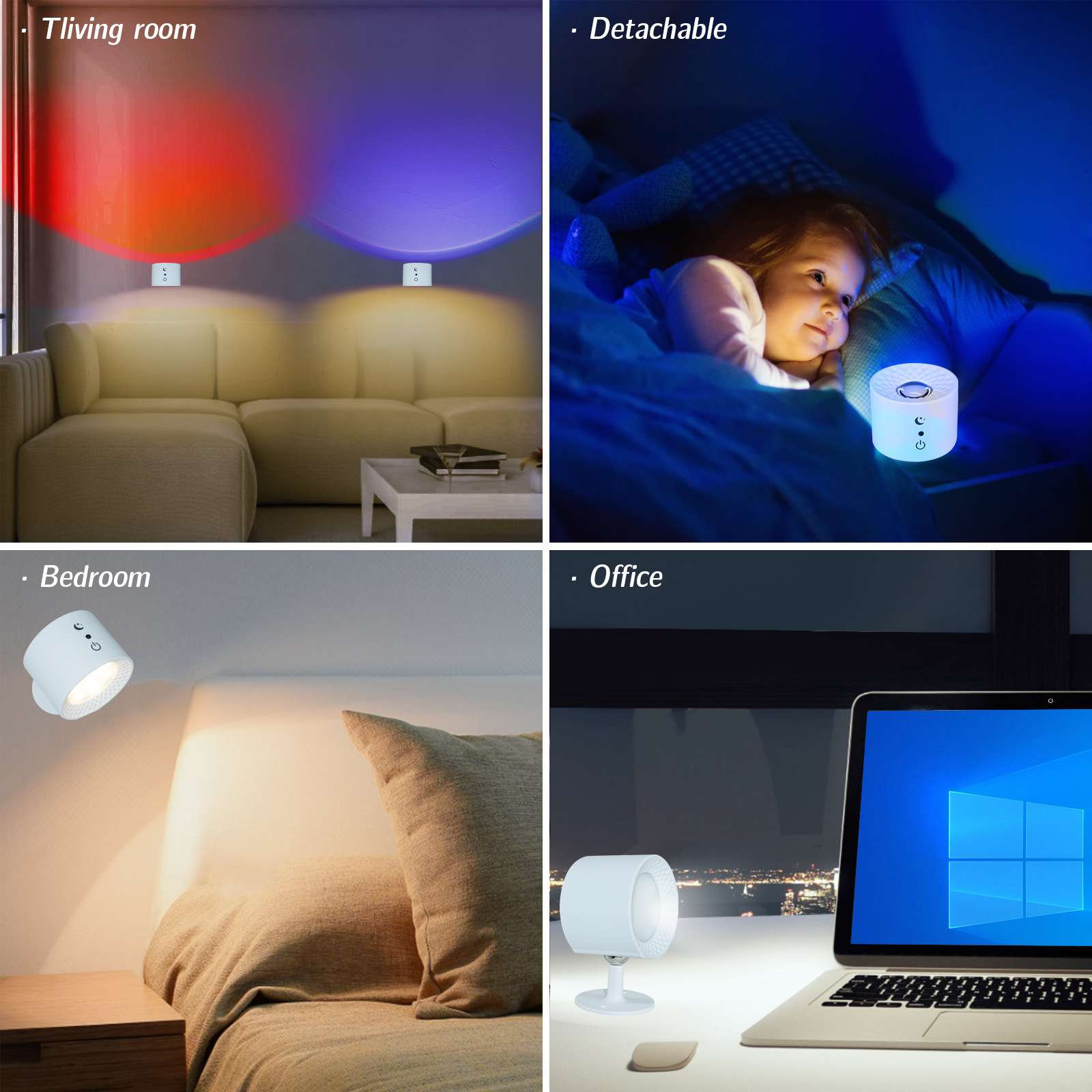 Vier Szenen: Wohnzimmer mit farbigen Lichtern, Kind mit Nachtlicht, Schlafzimmer mit Wandleuchte und Büro mit Lampe.