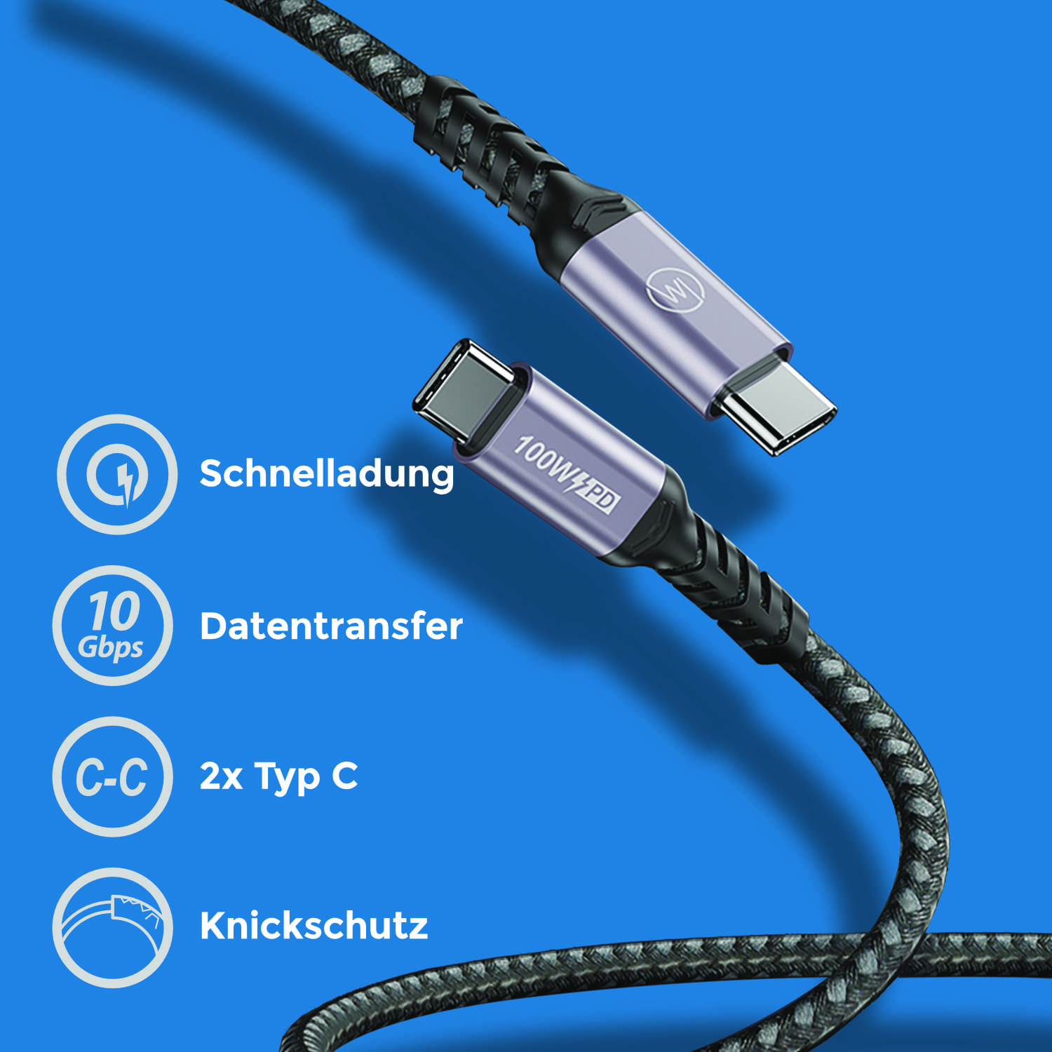 USB-C-Kabel, graue Stecker, schwarzes geflochtenes Kabel, blauer Hintergrund. Textlabels: Schnellladung, Datentransfer, 2x Typ C, Knickschutz.