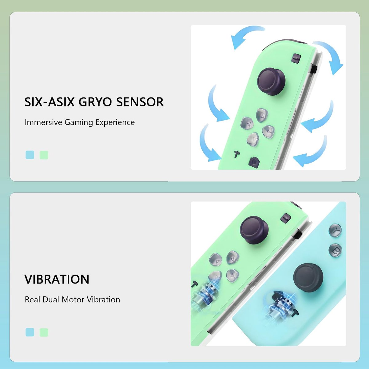Zwei Gamecontroller. Einer ist grün mit einem schwarzen Joystick und Tasten. Der andere ist blau. Sie sind mit Text beschriftet.