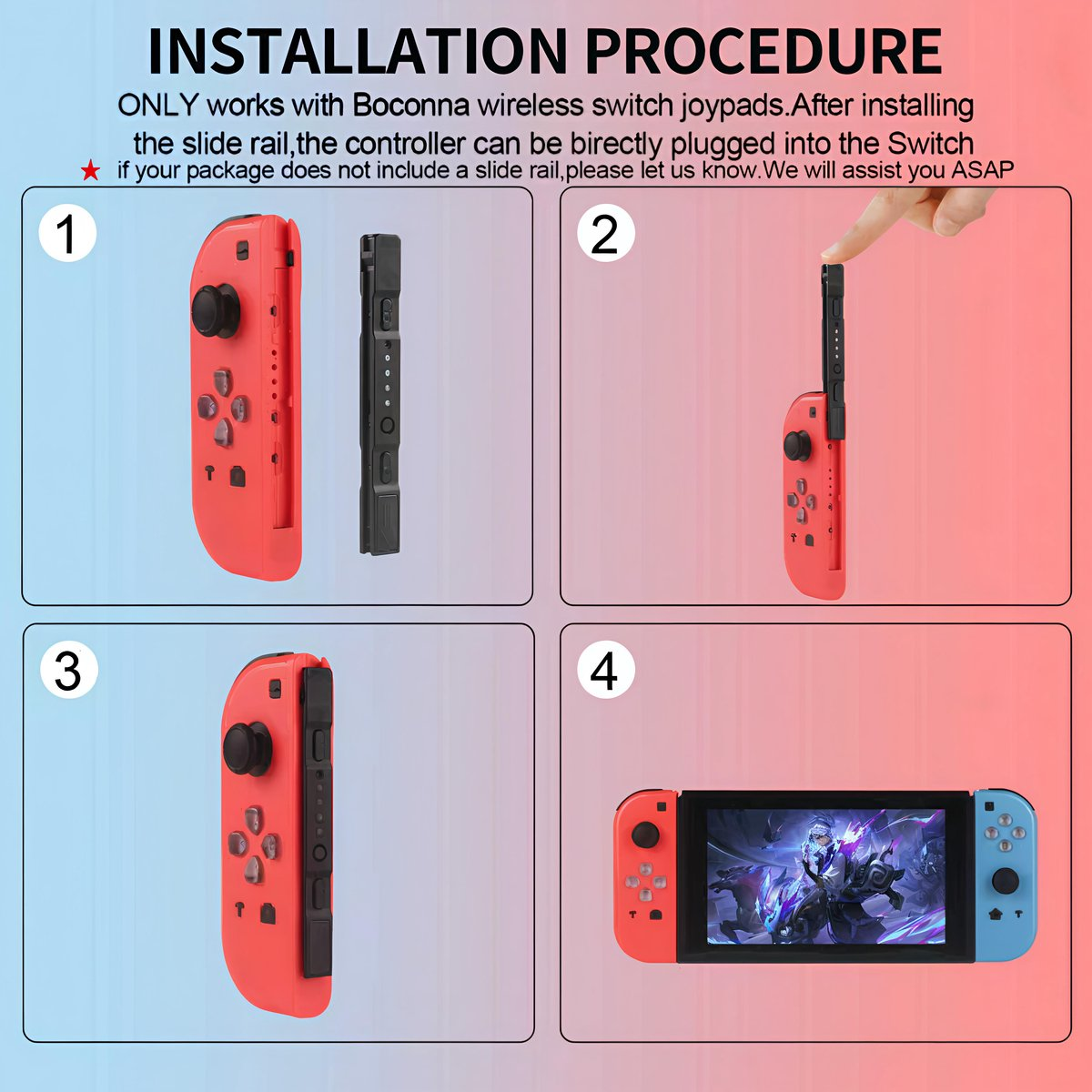 Installationsanleitung für ein kabelloses Switch-Joypad. Zeigt die Schritte 1-4. Enthält einen roten Controller, eine schwarze Schiene und eine Switch-Konsole.