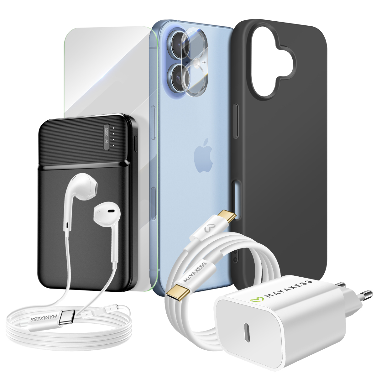 Ein Telefon, eine schwarze Hülle, ein Ladegerät, ein weißes Kabel, ein Kopfhörer und eine Powerbank. Alles ist weiß, schwarz und blau.