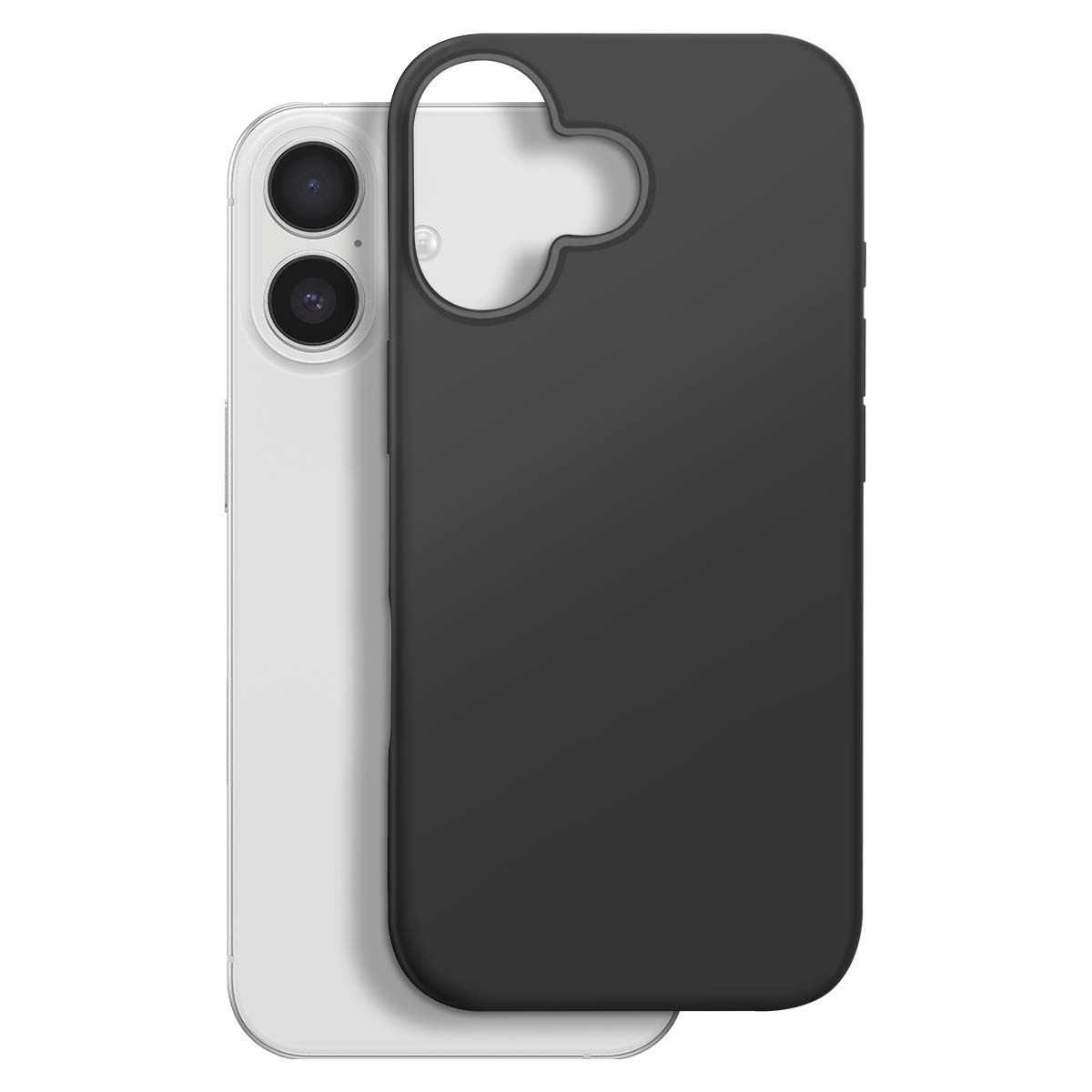 Ein weißes Smartphone mit einer schwarzen Handyhülle. Die Hülle hat einen Ausschnitt für die Kamera. Das Telefon ist weiß.