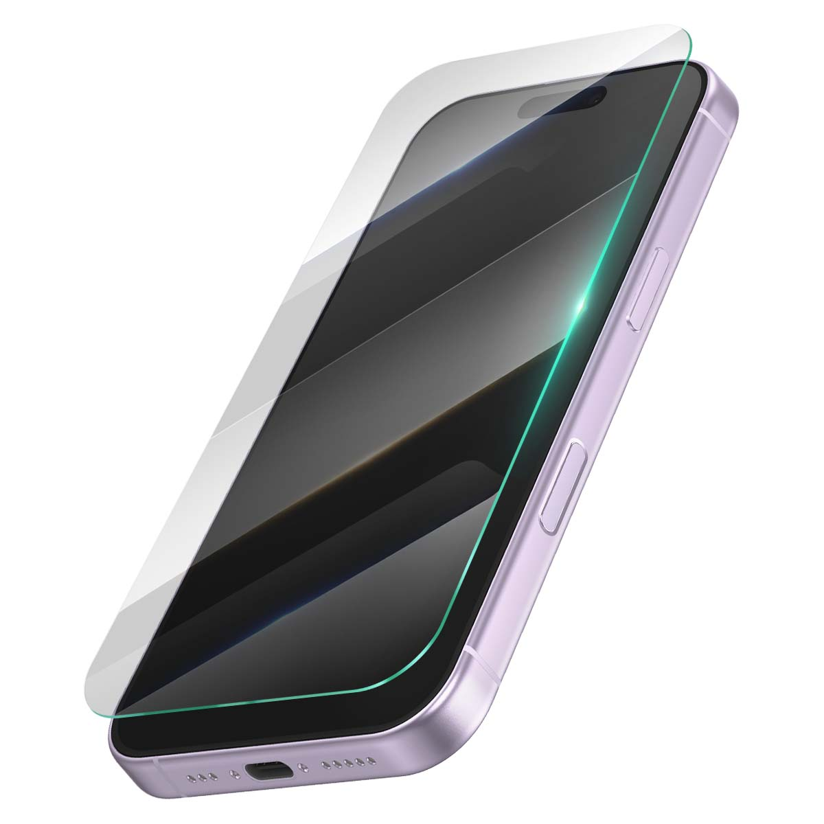 Ein lilafarbenes Smartphone mit aufgebrachter Displayschutzfolie. Der Bildschirm ist schwarz, der Schutz transparent.