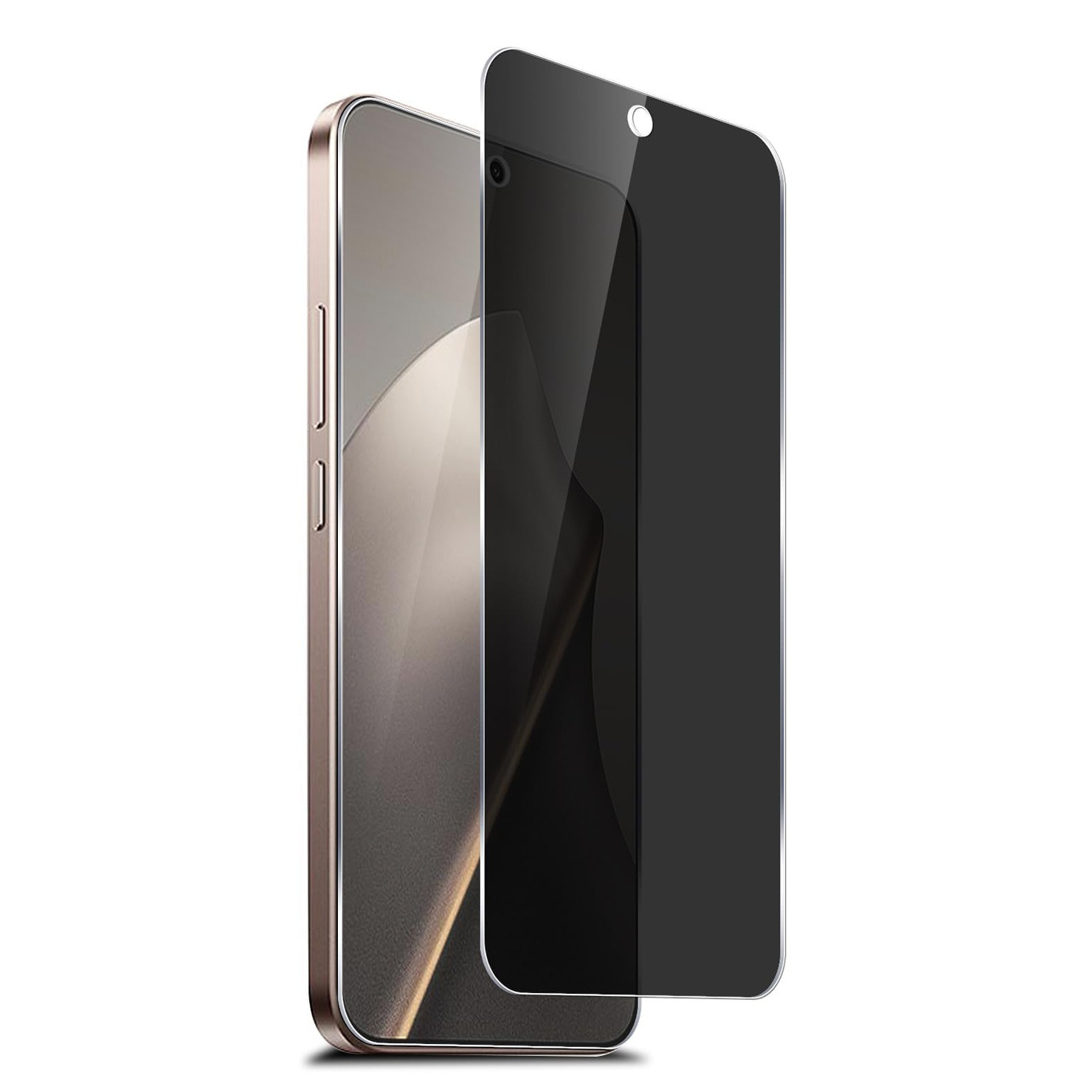 Ein Smartphone mit Displayschutz. Das Telefon ist golden, der Schutz schwarz und auf dem Bildschirm angebracht. Eine Kamera ist sichtbar.