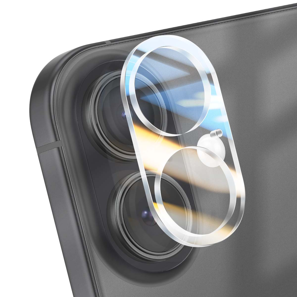 Nahaufnahme eines Handy-Kamera-Linsenschutzes. Das Telefon hat zwei Linsen. Der Schutz ist transparent, mit weißem, kreisförmigem Design.