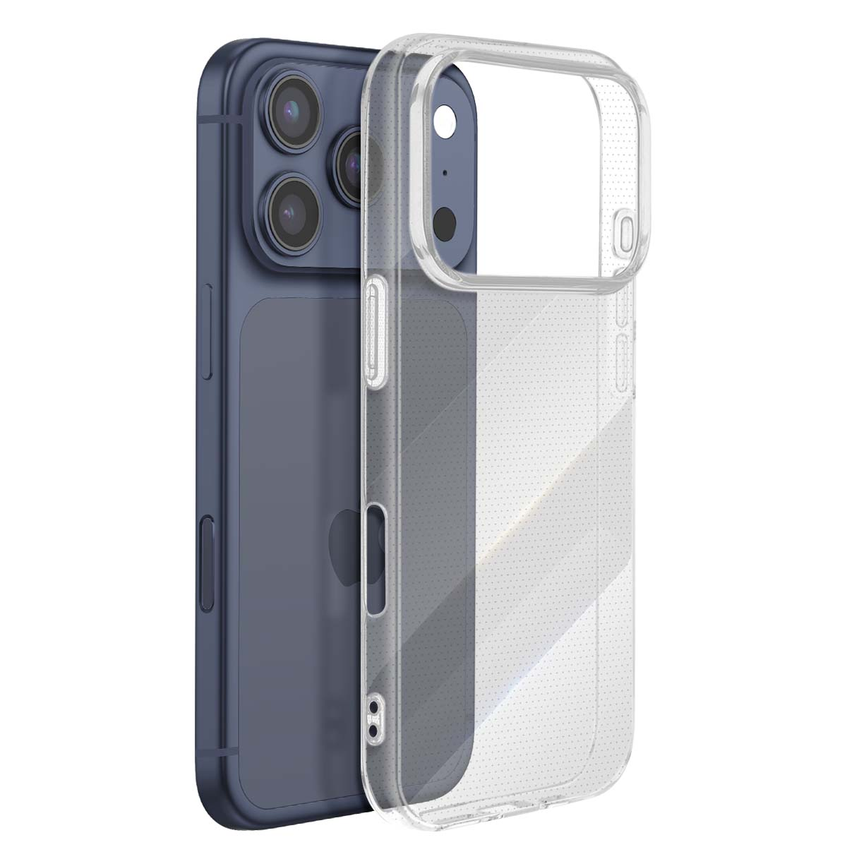 Un teléfono inteligente azul oscuro con una funda protectora transparente. El teléfono tiene tres cámaras. La funda es transparente y tiene un patrón punteado.