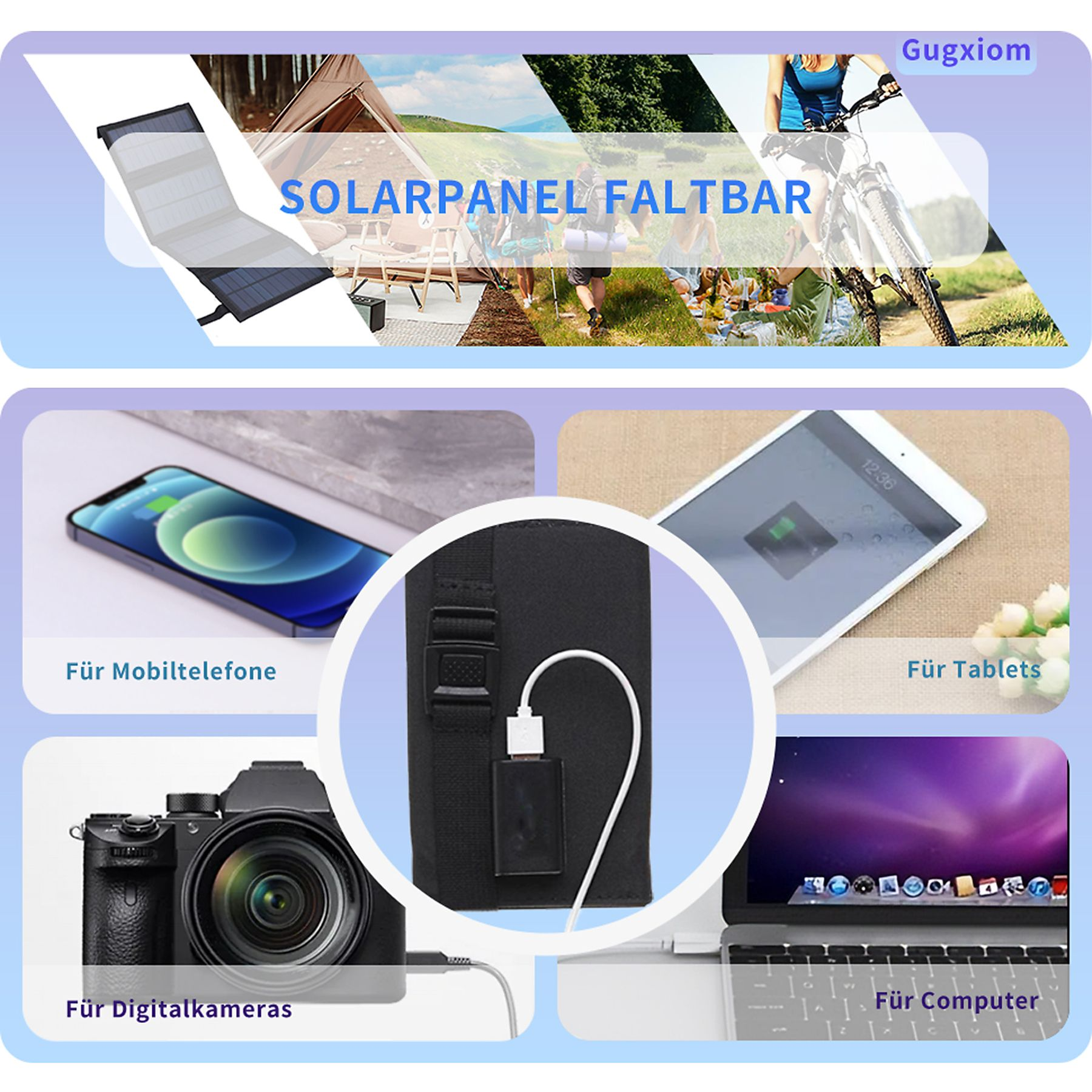 Das Bild zeigt ein faltbares Solarpanel und verschiedene Geräte wie Telefon, Tablet, Kamera und Laptop, mit deutschem Text.