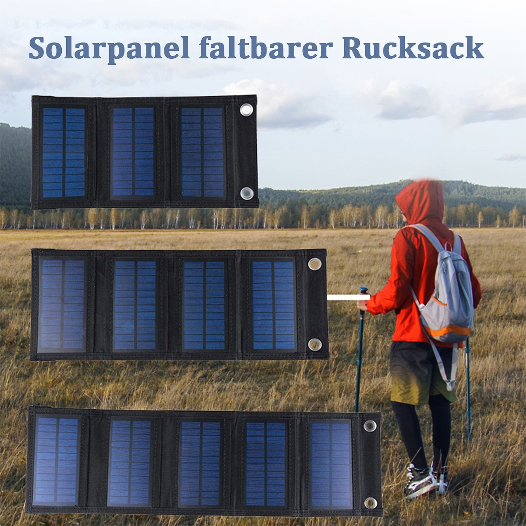 Drei faltbare Solarpanels, eine Person wandert mit Stöcken. Der Hintergrund zeigt Feld und Himmel.