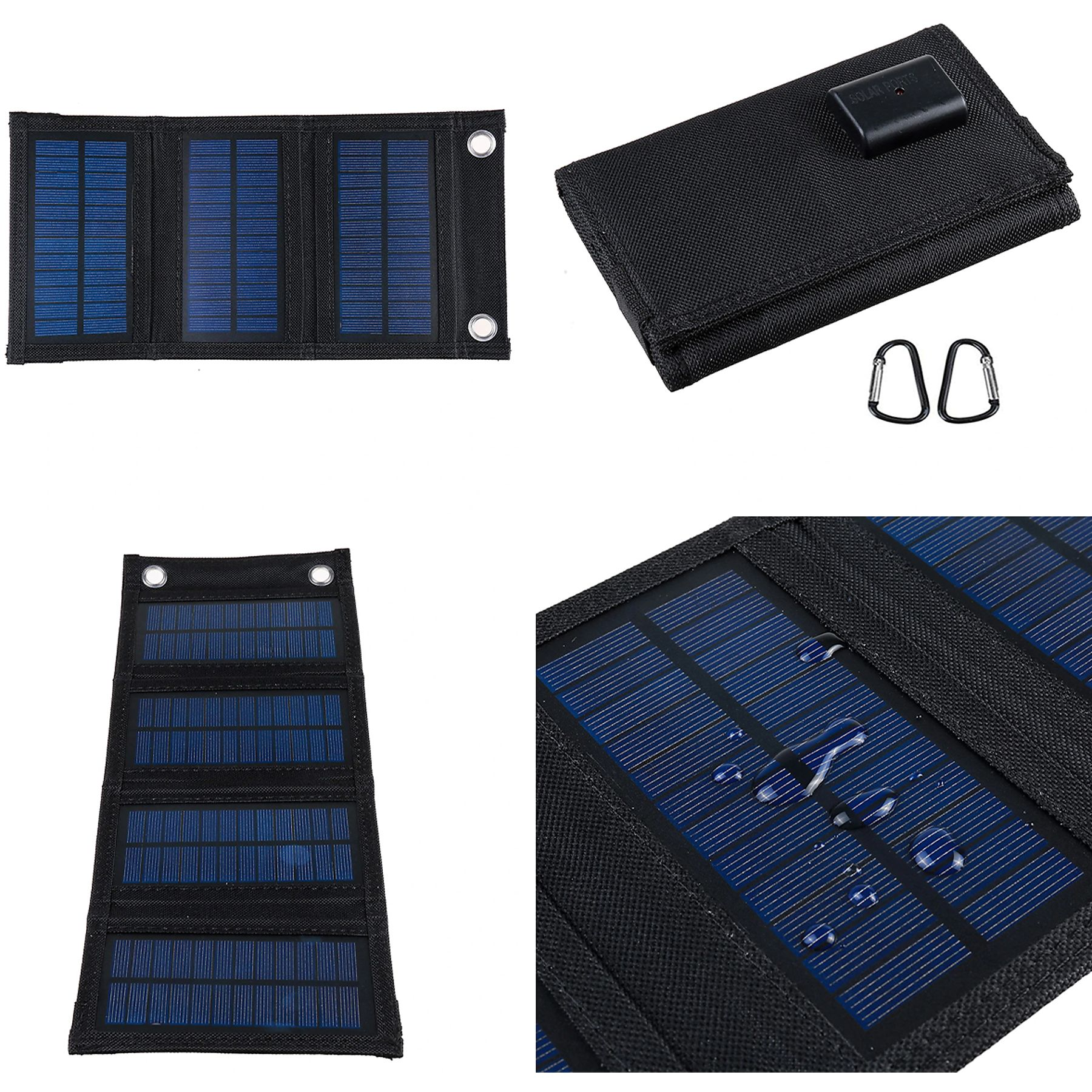 Ein faltbares Solarpanel mit blauen Paneelen und schwarzem Rahmen. Enthält Karabiner und einen Ladeanschluss.