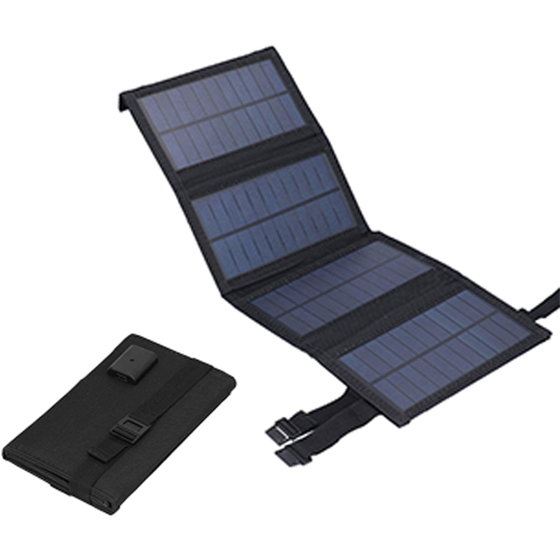 Ein faltbares schwarzes Solarpanel ist geöffnet, daneben ein geschlossenes. Solarzellen sind im Panel sichtbar.