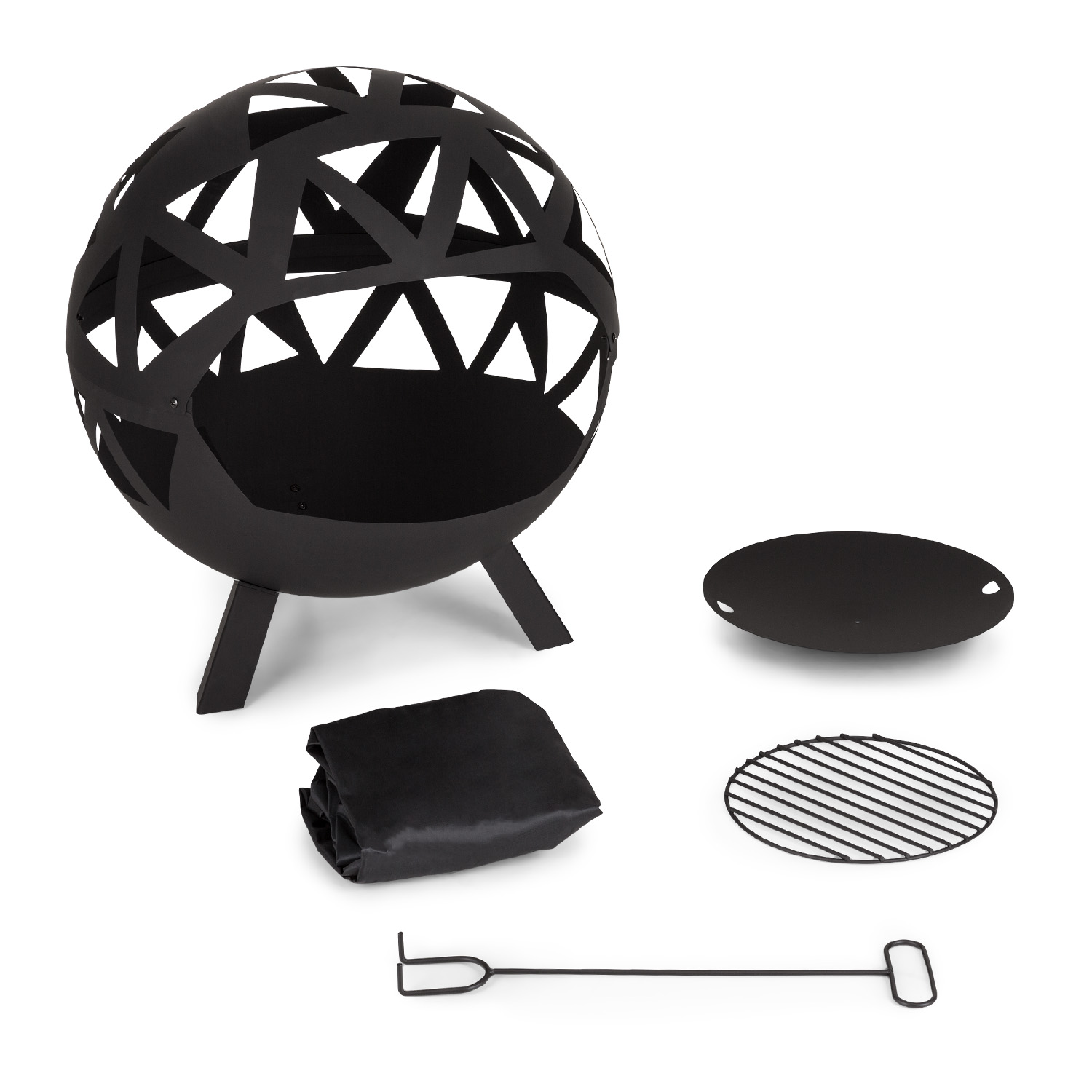 Eine schwarze Feuerstelle mit kugelförmigem Design, Abdeckung, Grill, Platte und Schürhaken auf weißem Untergrund.