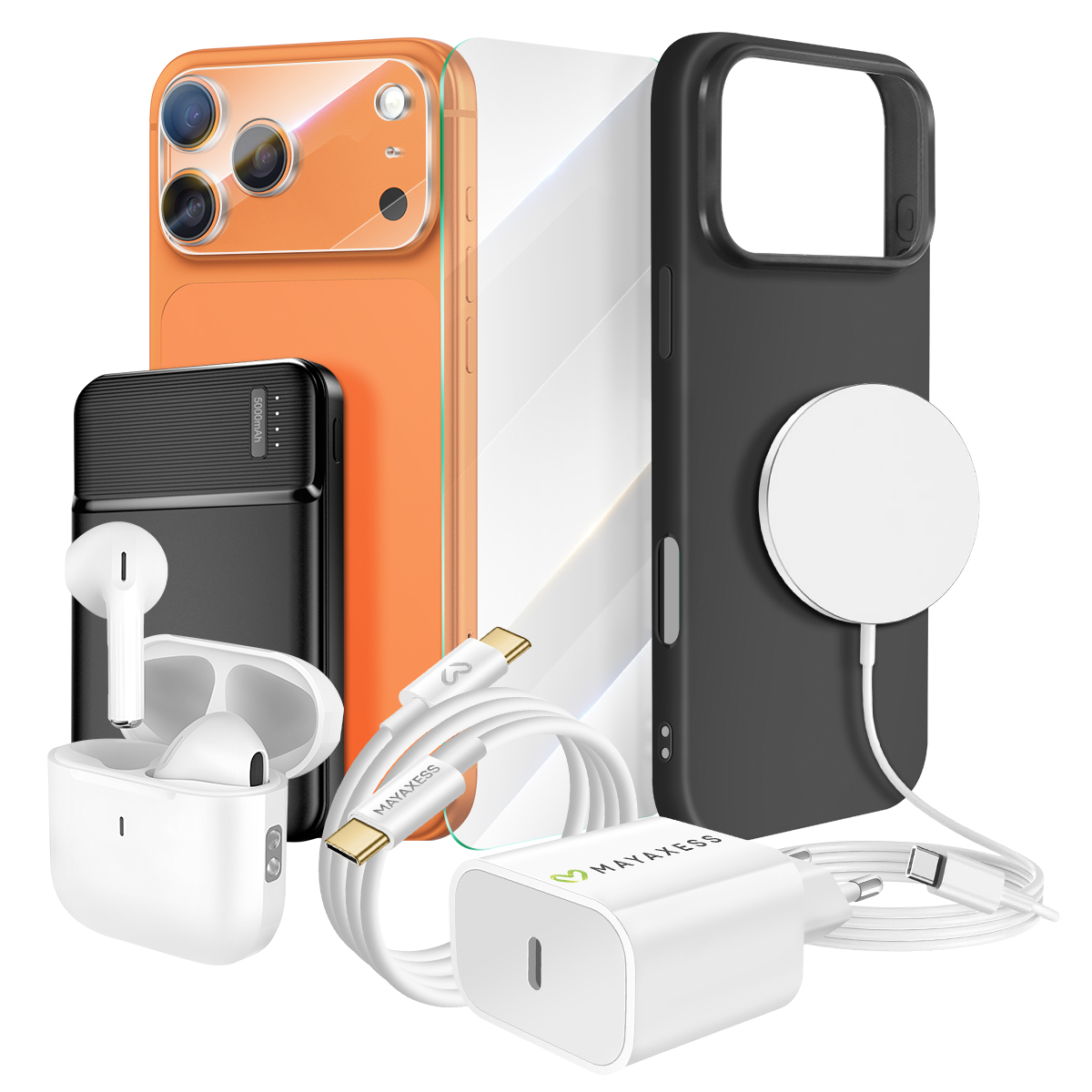 Ein orangefarbenes Telefon mit Schutzhülle, schwarze Handyhülle mit Ladegerät, weiße Kopfhörer, Powerbank, Ladegerät und Kabel.