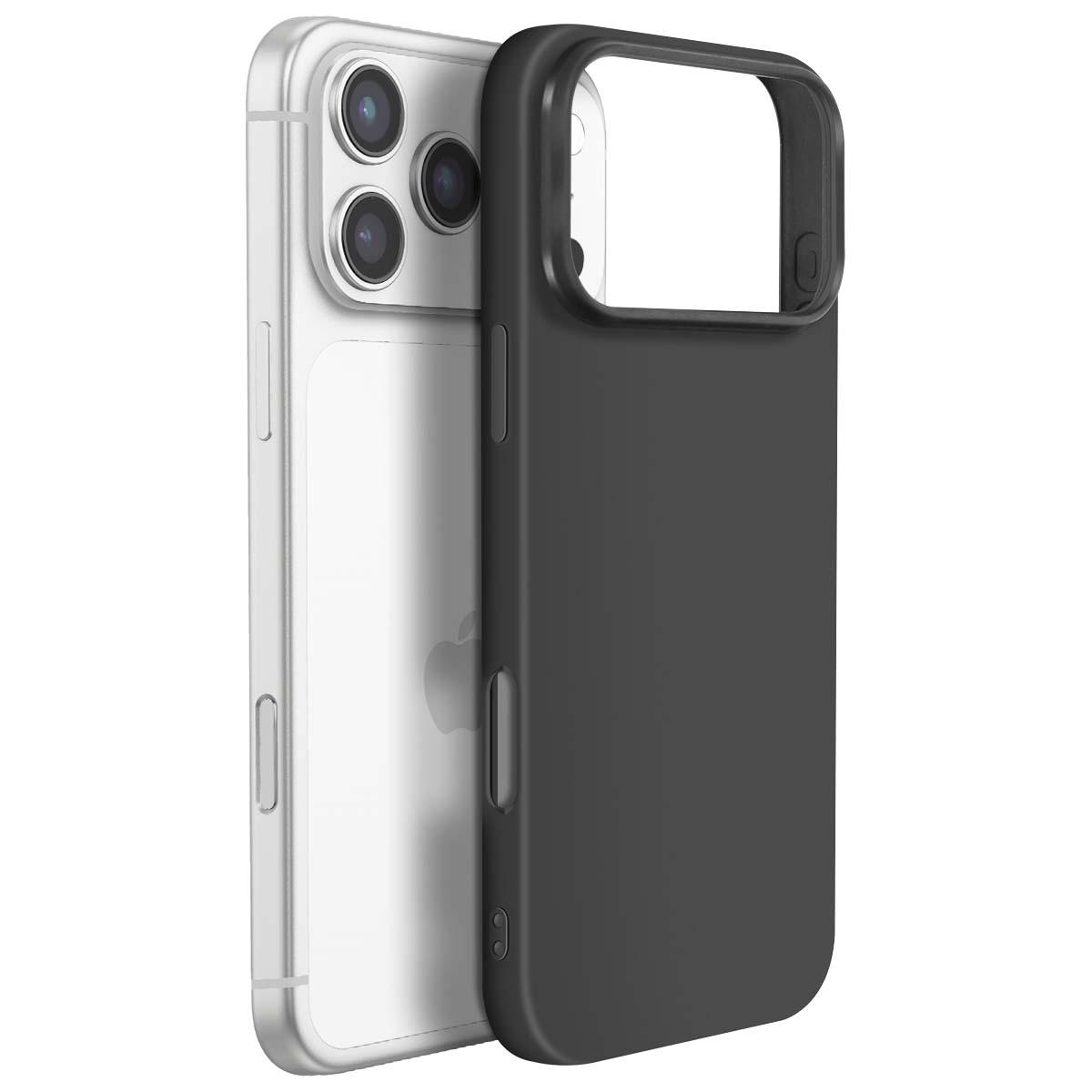 Ein iPhone mit schwarzer Hülle. Das Telefon ist silberfarben mit drei Kameralinsen. Die Hülle ist schwarz und bedeckt die Rückseite des Telefons.