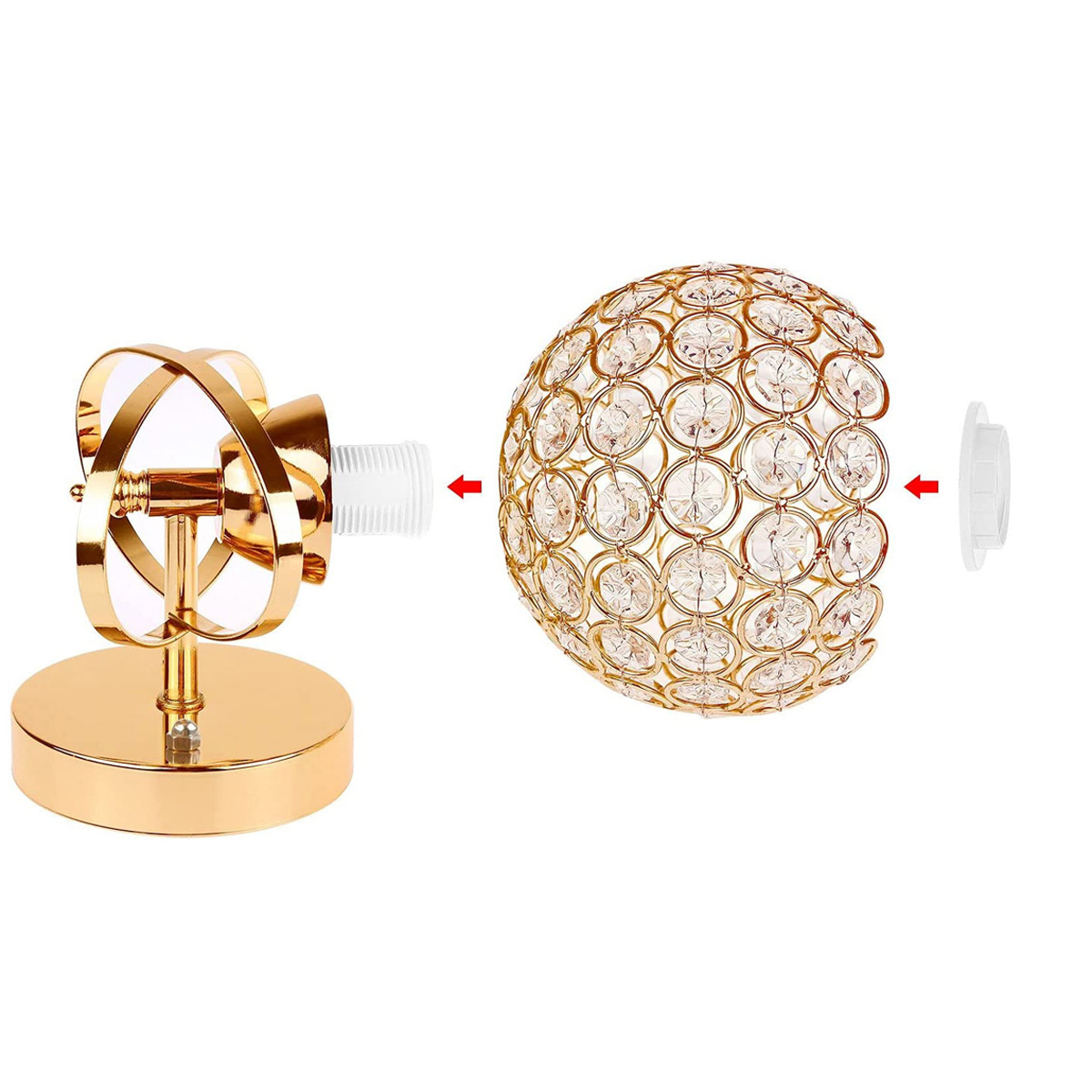 Eine zerlegte goldene Lampe mit einem Kristallkugelschirm. Teile umfassen einen Sockel, eine Glühbirnenfassung und Schirmteile, alle durch rote Pfeile getrennt.
