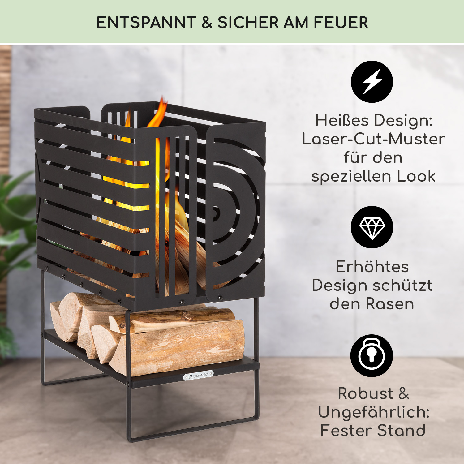 Schwarze Metall-Feuerstelle mit brennendem Holz. Holzscheite sind unten gelagert. Text beschreibt Design und Sicherheitsmerkmale.