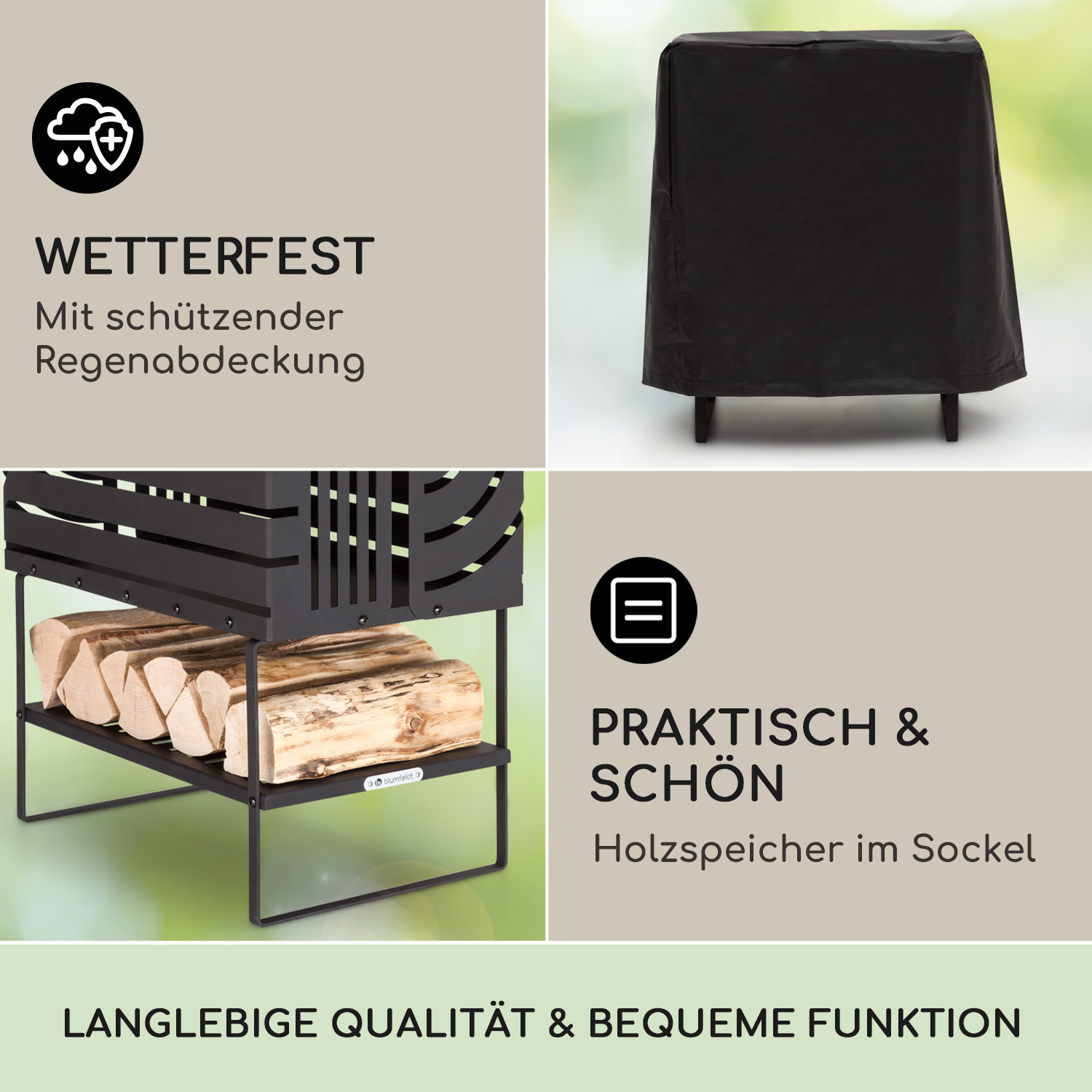 Ein schwarzes Holzaufbewahrungsgerät mit Holz, einer Abdeckung und Text: 'Wetterfest', 'Praktisch & Schön' und 'Langlebige Qualität'.