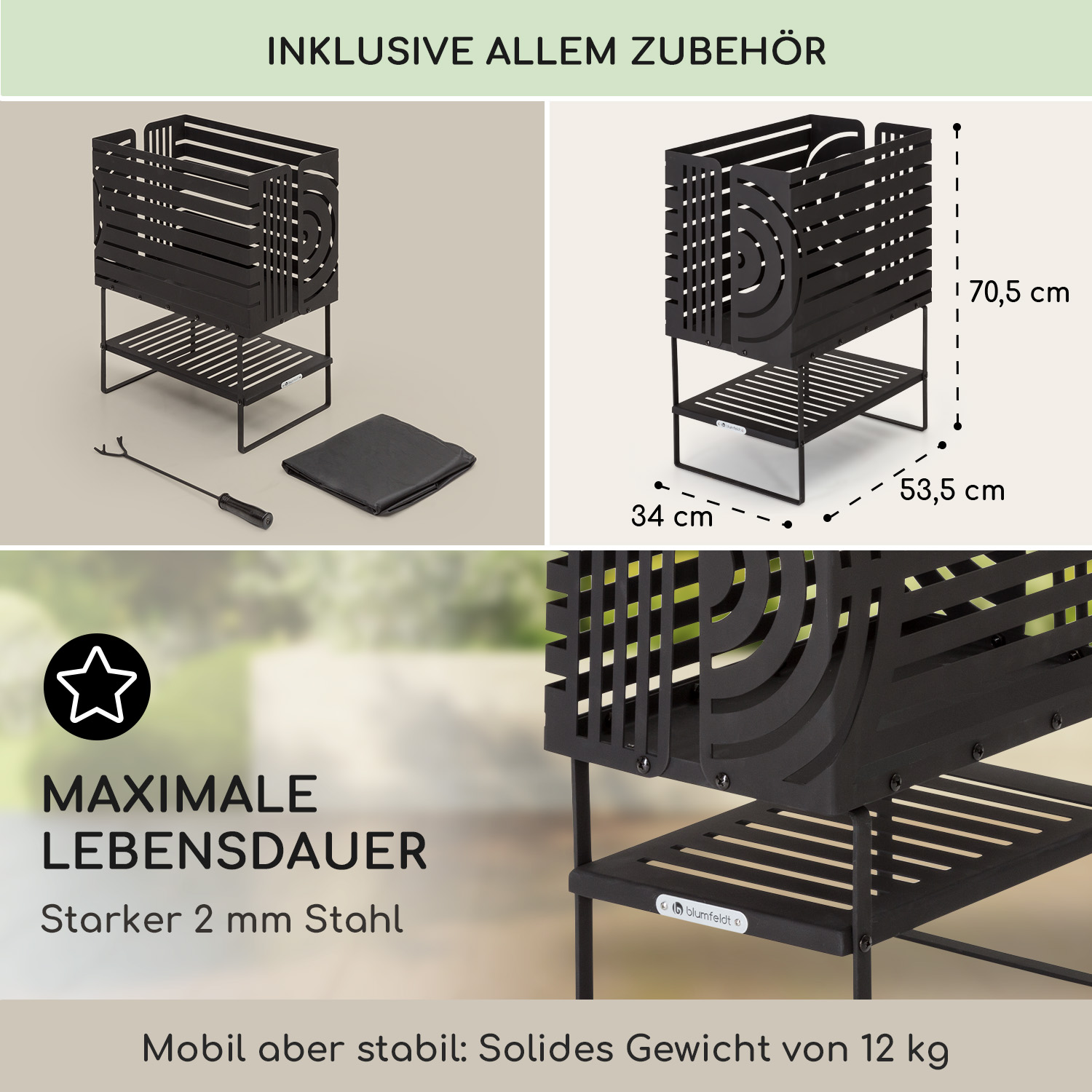 Ein schwarzer Metallfeuerkorb mit Zubehör. Er hat einen Rost, eine Abdeckung und einen Schürhaken. Abmessungen: 70,5 cm Höhe, 53,5 cm Breite, 34 cm Tiefe.