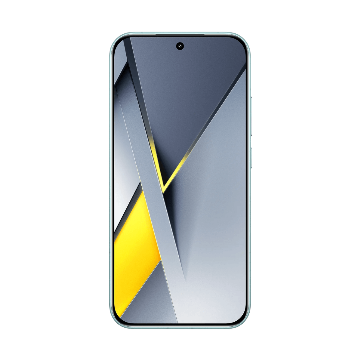 Smartfon z turkusową ramką. Ekran wyświetla geometryczny wzór z szarymi, żółtymi i białymi kształtami na białym tle.