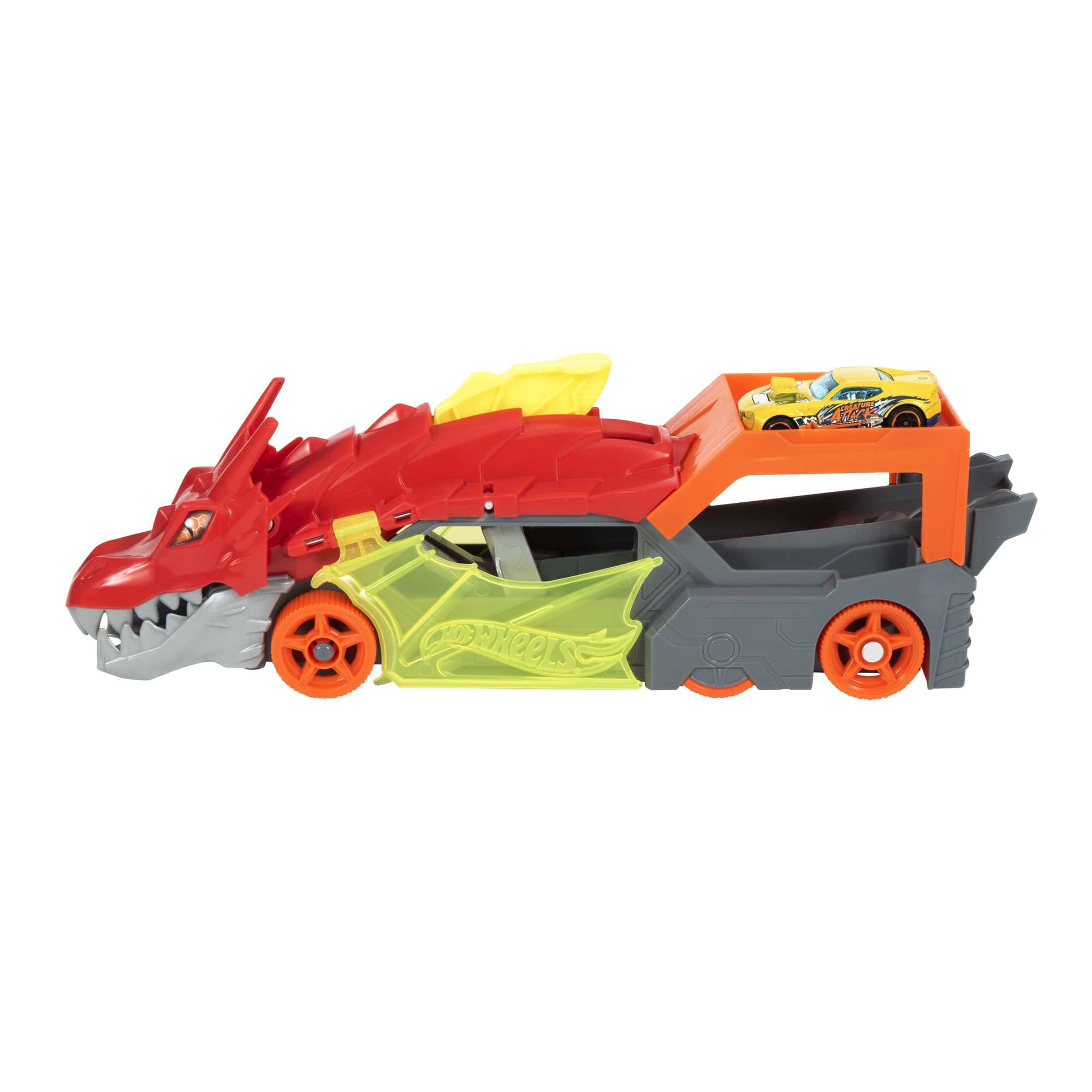 Transportador de coches Hot Wheels con forma de dragón rojo con un coche amarillo encima. Ruedas naranjas y paneles verdes transparentes.