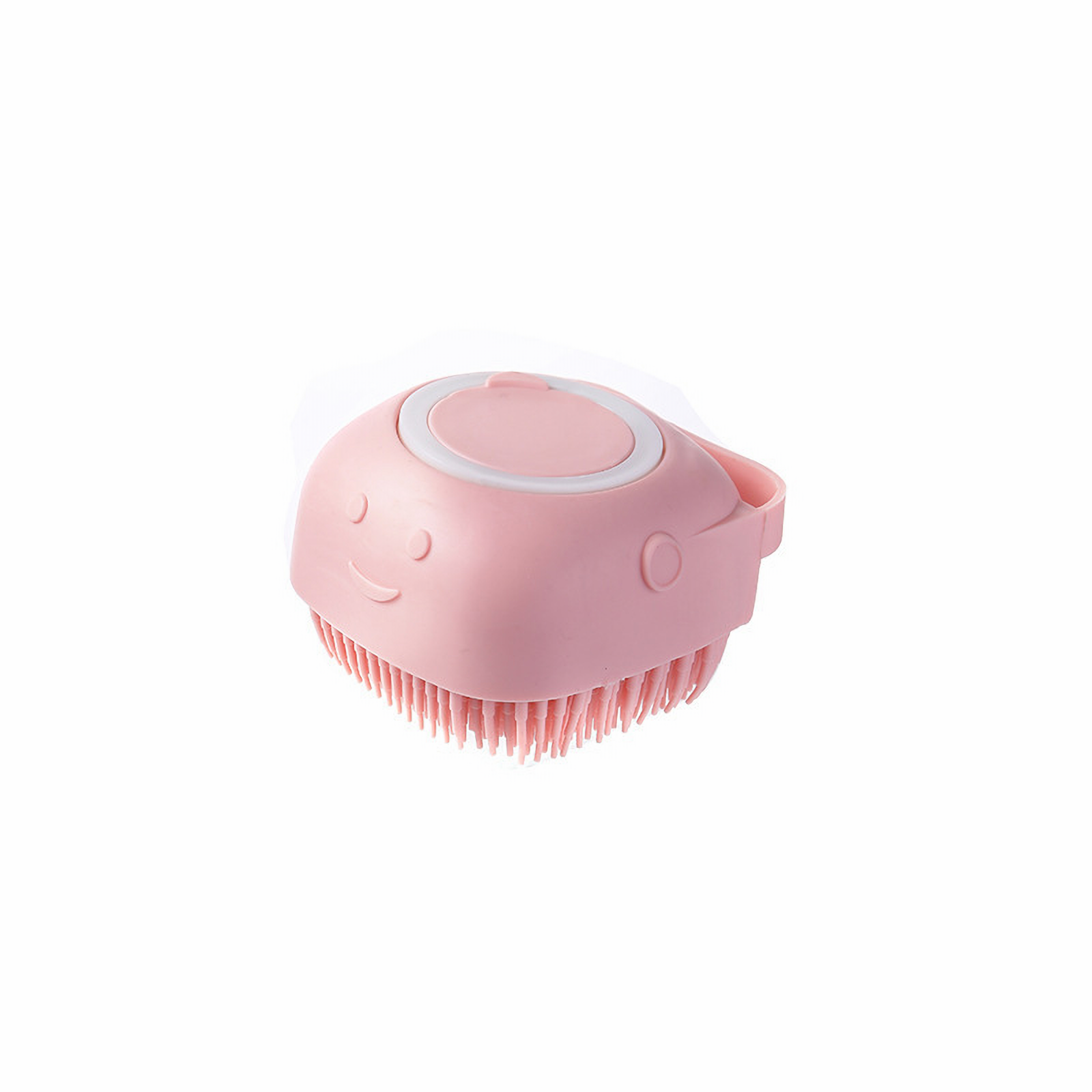 Eine rosa, walförmige Badebürste mit Borsten an der Unterseite und einem lächelnden Gesicht.