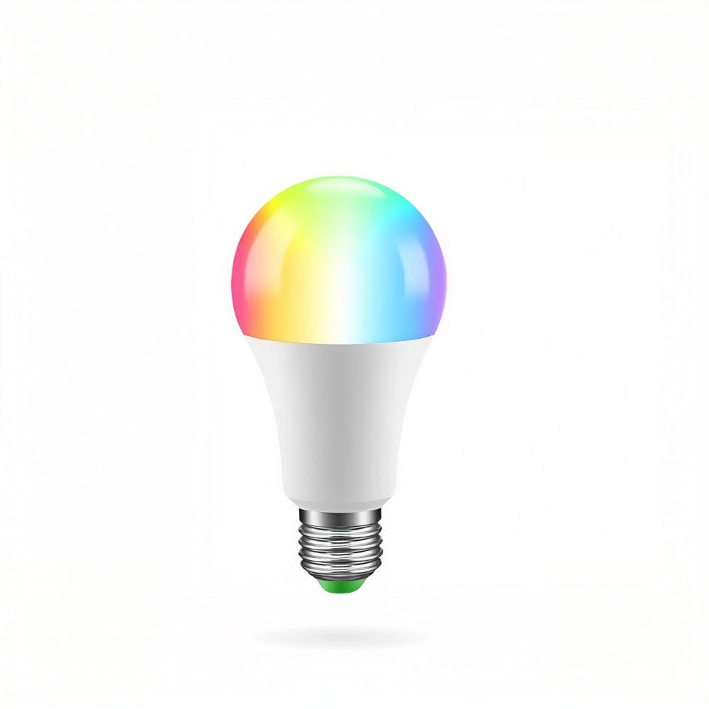 Eine intelligente Glühbirne mit weißem Sockel und farbenfroher, regenbogenfarbener Oberseite. Der Hintergrund ist weiß.