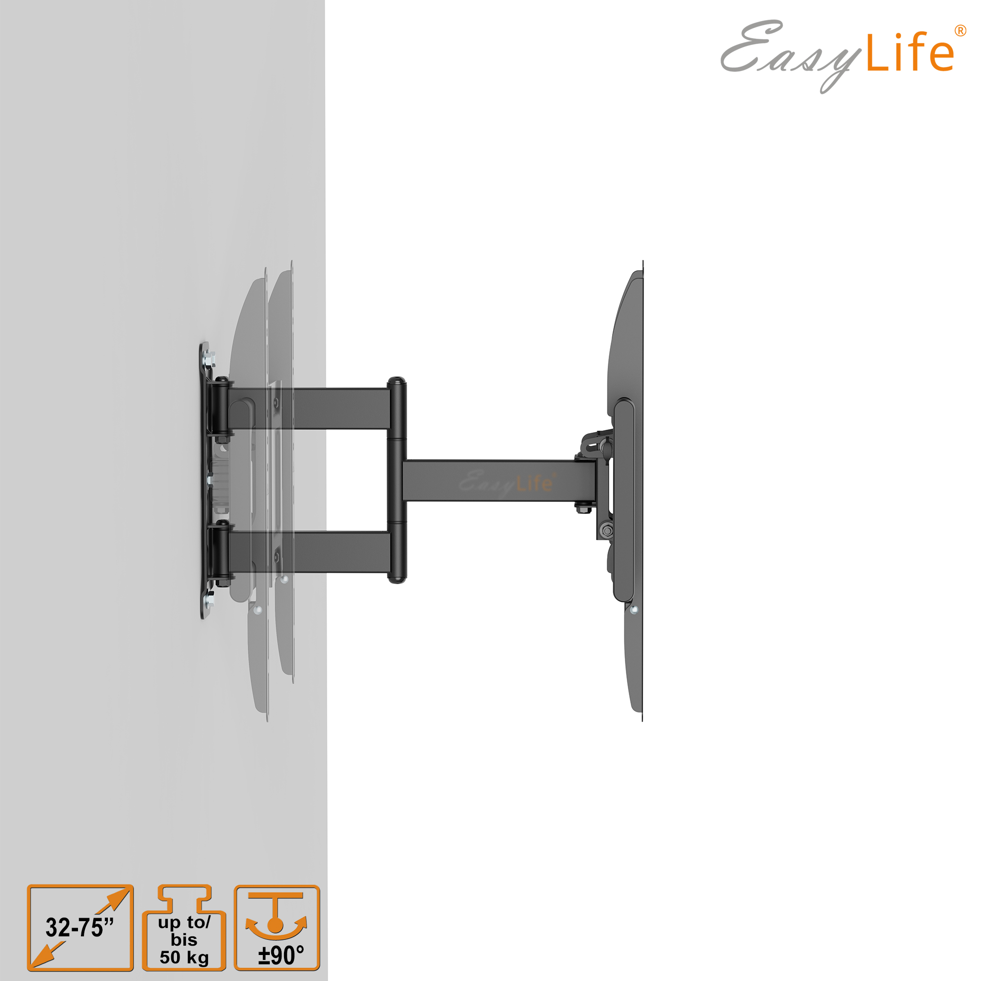 Eine TV-Wandhalterung wird vor einer weißen Wand angezeigt. Die Halterung ist schwarz, mit dem Easy Life Logo und Spezifikationen.