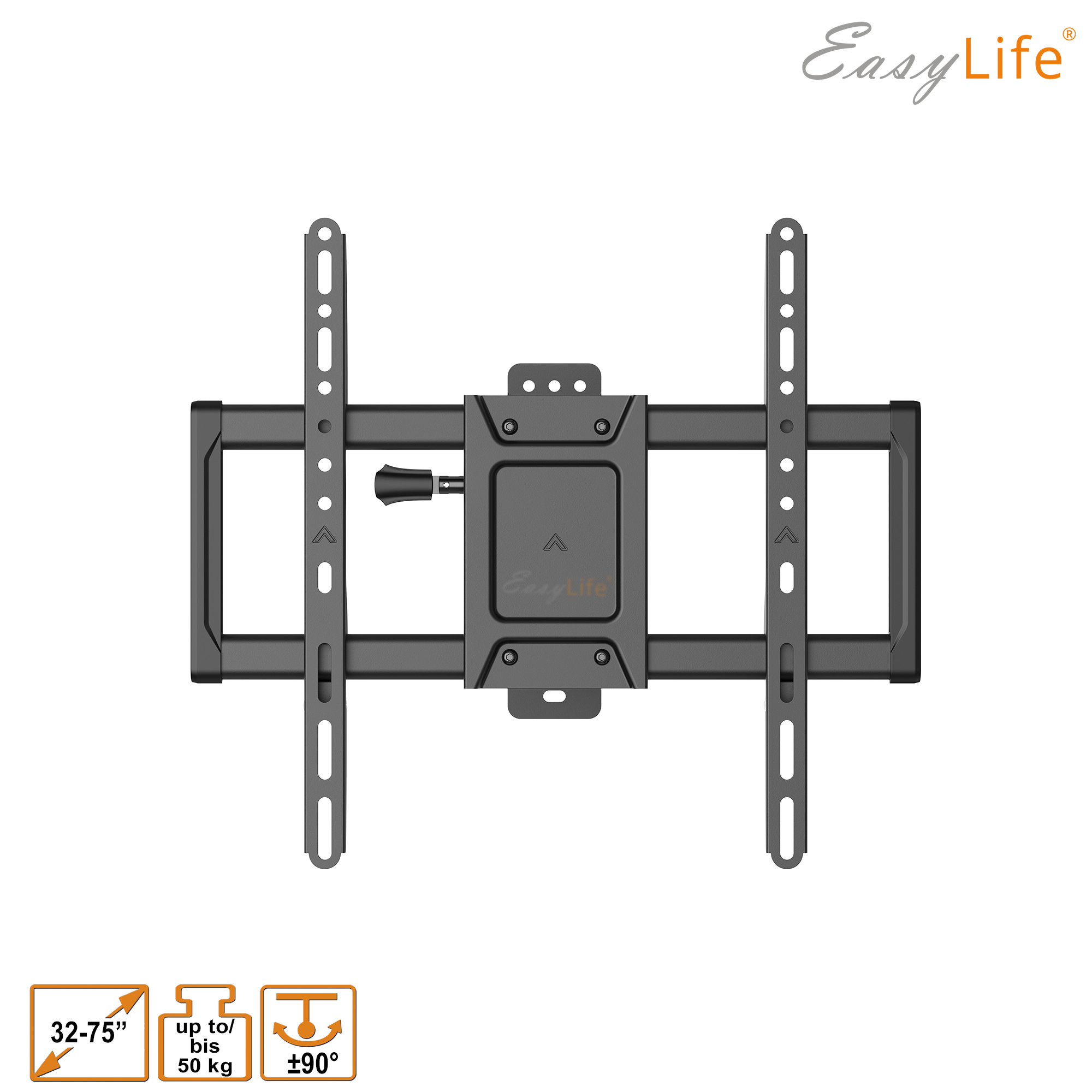 Eine schwarze TV-Wandhalterung mit dem Easy Life-Logo und Symbolen für Größe, Gewicht und Winkeleinstellbarkeit.