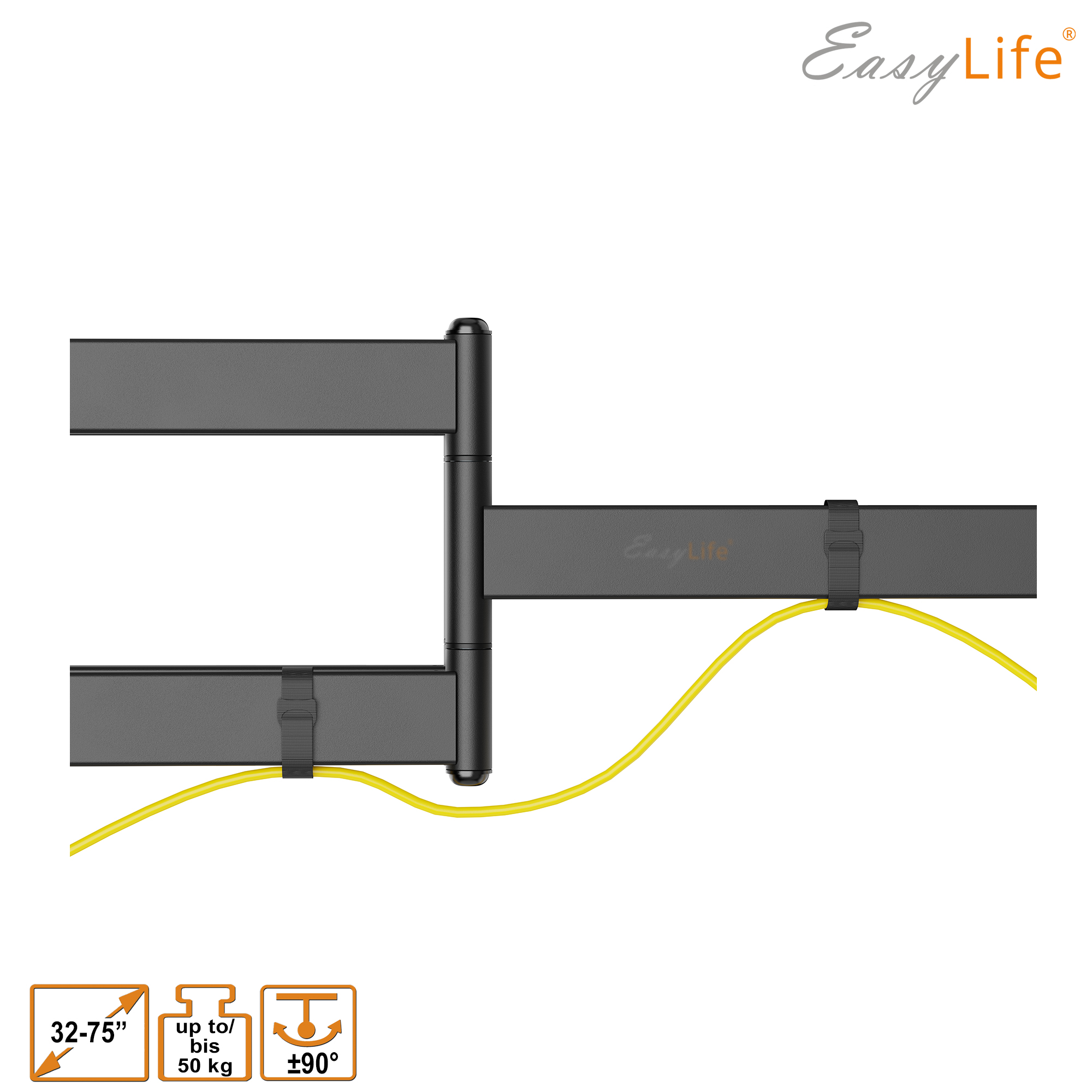 Eine dunkelgraue TV-Wandhalterung mit gelbem Kabel. Das EasyLife-Logo befindet sich oben rechts.