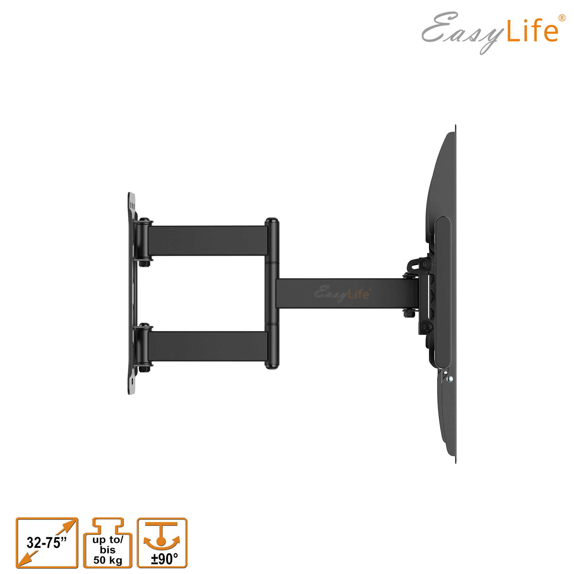 Schwarze TV-Wandhalterung mit Auslegerarmen. Inklusive Größen- und Gewichtskapazitäts-Icons. EasyLife-Logo oben rechts.
