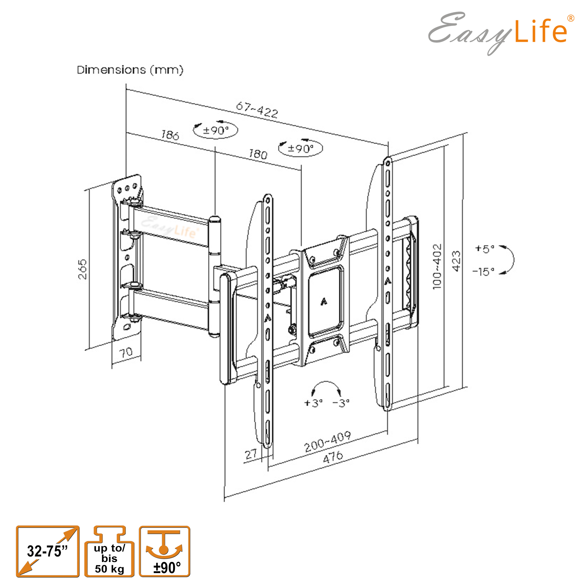 Diagramm einer TV-Wandhalterung mit Abmessungen. Text enthält Easy Life, Größe, Gewicht und Grad.