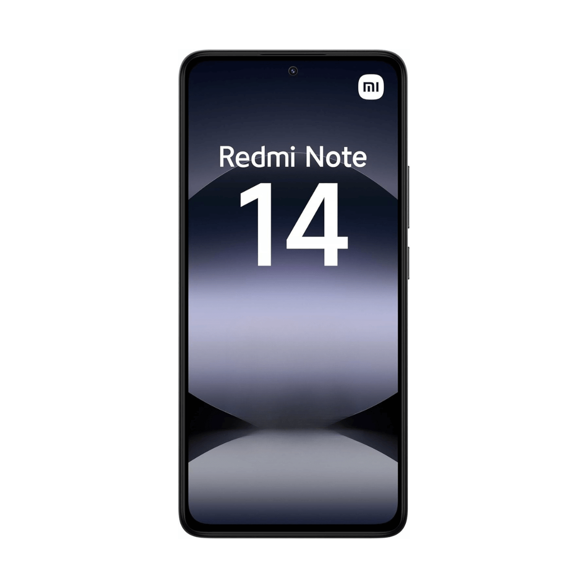 Smartfon z czarną ramką wyświetla 'Redmi Note 14' i numer '14' w kolorze białym. Logo Xiaomi u góry.