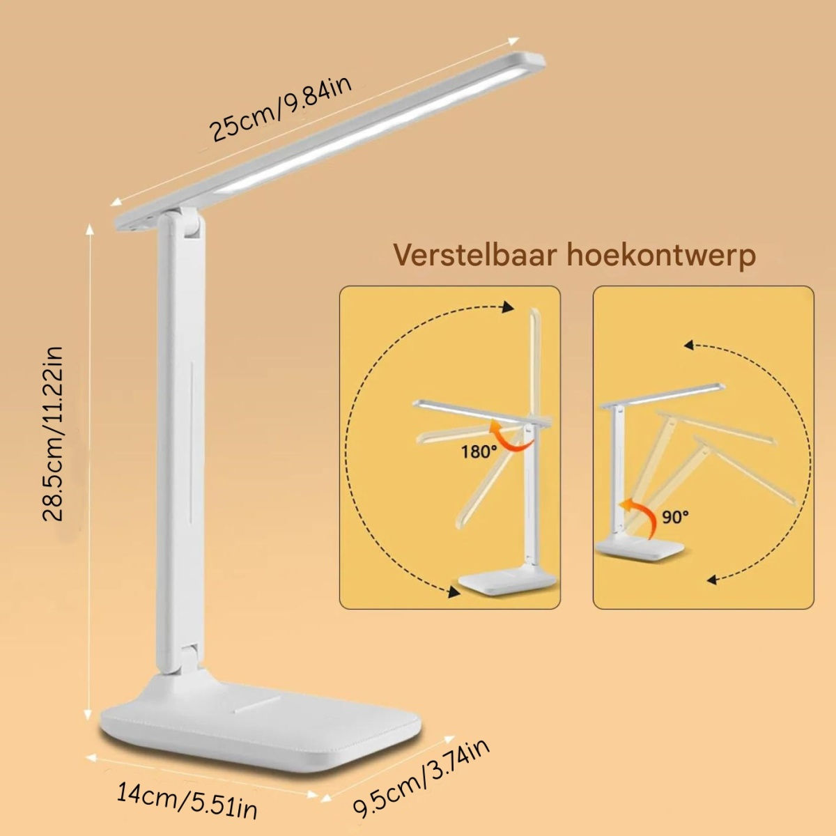 Eine weiße, verstellbare Schreibtischlampe mit Maßangaben. Diagramme zeigen 180- und 90-Grad-Winkeleinstellungen. Text auf Niederländisch: Verstelbaar hoekontwerp.