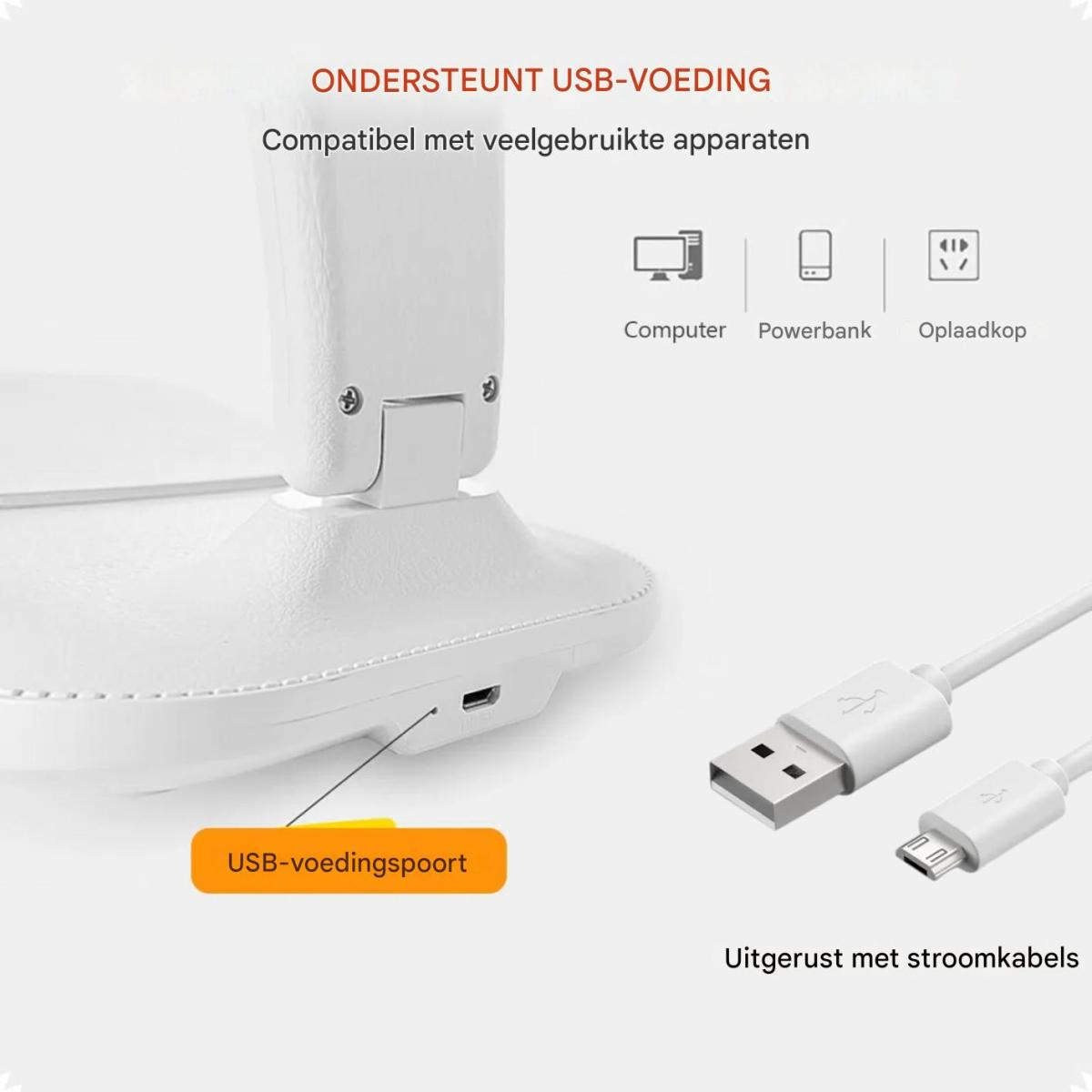 Das Bild zeigt ein weißes Ladegerät mit USB-Kabeln. Text weist auf USB-Stromversorgung und kompatible Geräte hin.