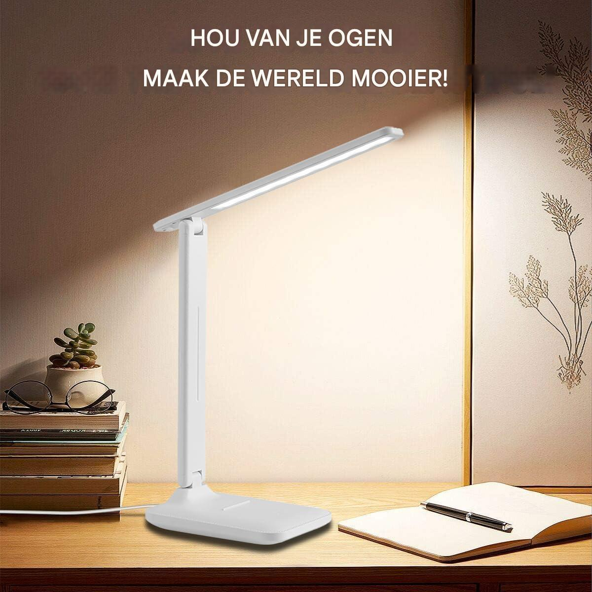 Eine weiße Schreibtischlampe steht auf einem Holztisch mit Notizbuch, Stift und Büchern. Eine kleine Pflanze und Brille sind sichtbar.
